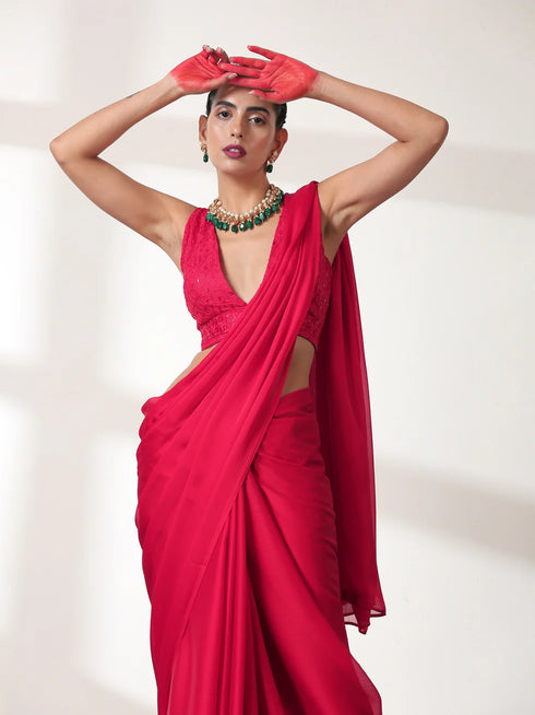 Ruby Butter Chiffon Pre-draped Saree with Self Blouse Fabric
