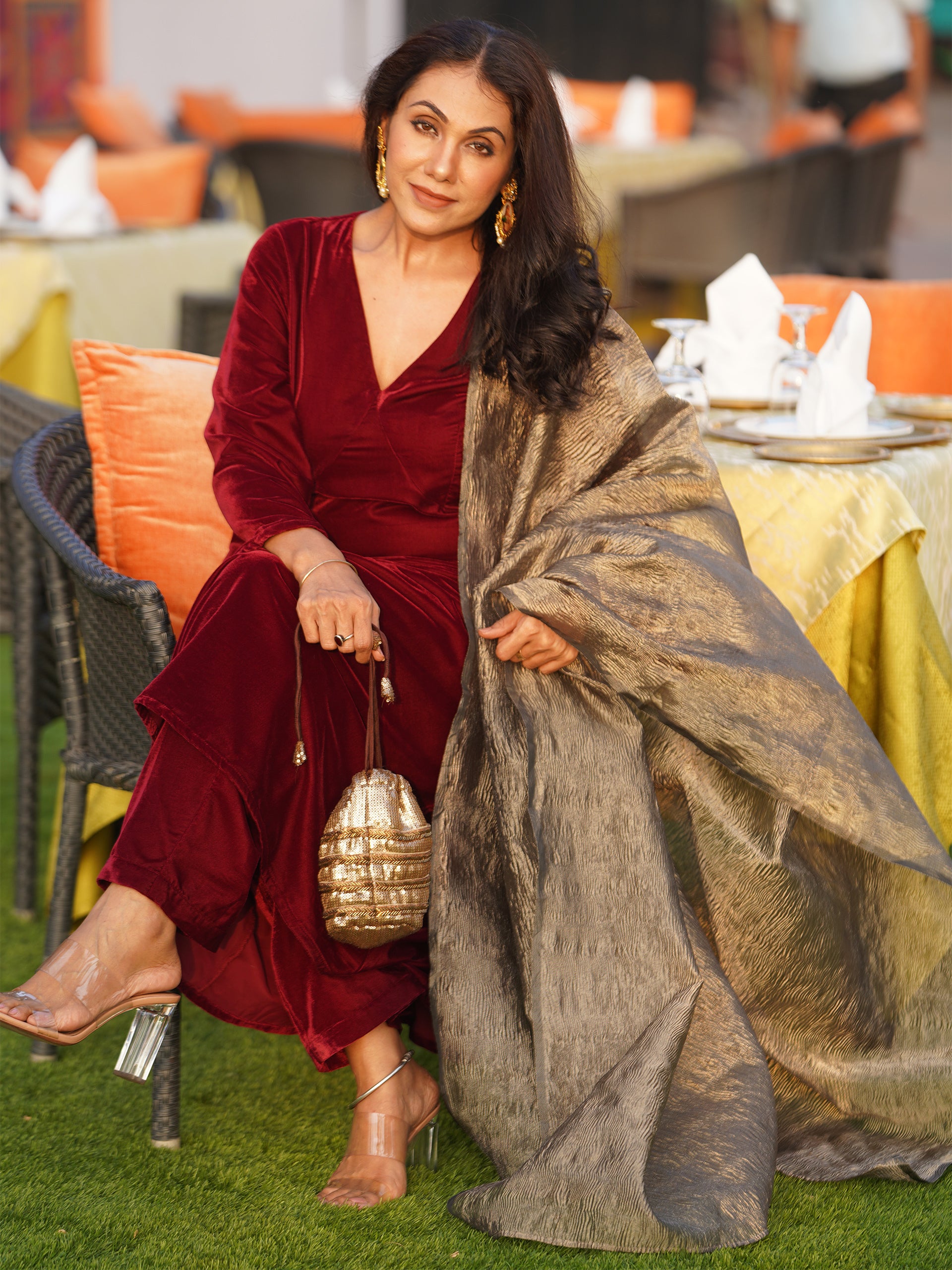 Women's Maroon Velvet Kurta with Pant and Crushed Tissue Dupatta 3 Piece Set | Straight Fit, V Neck, Full Sleeves, Pants, Festive Wear, (Velvet)