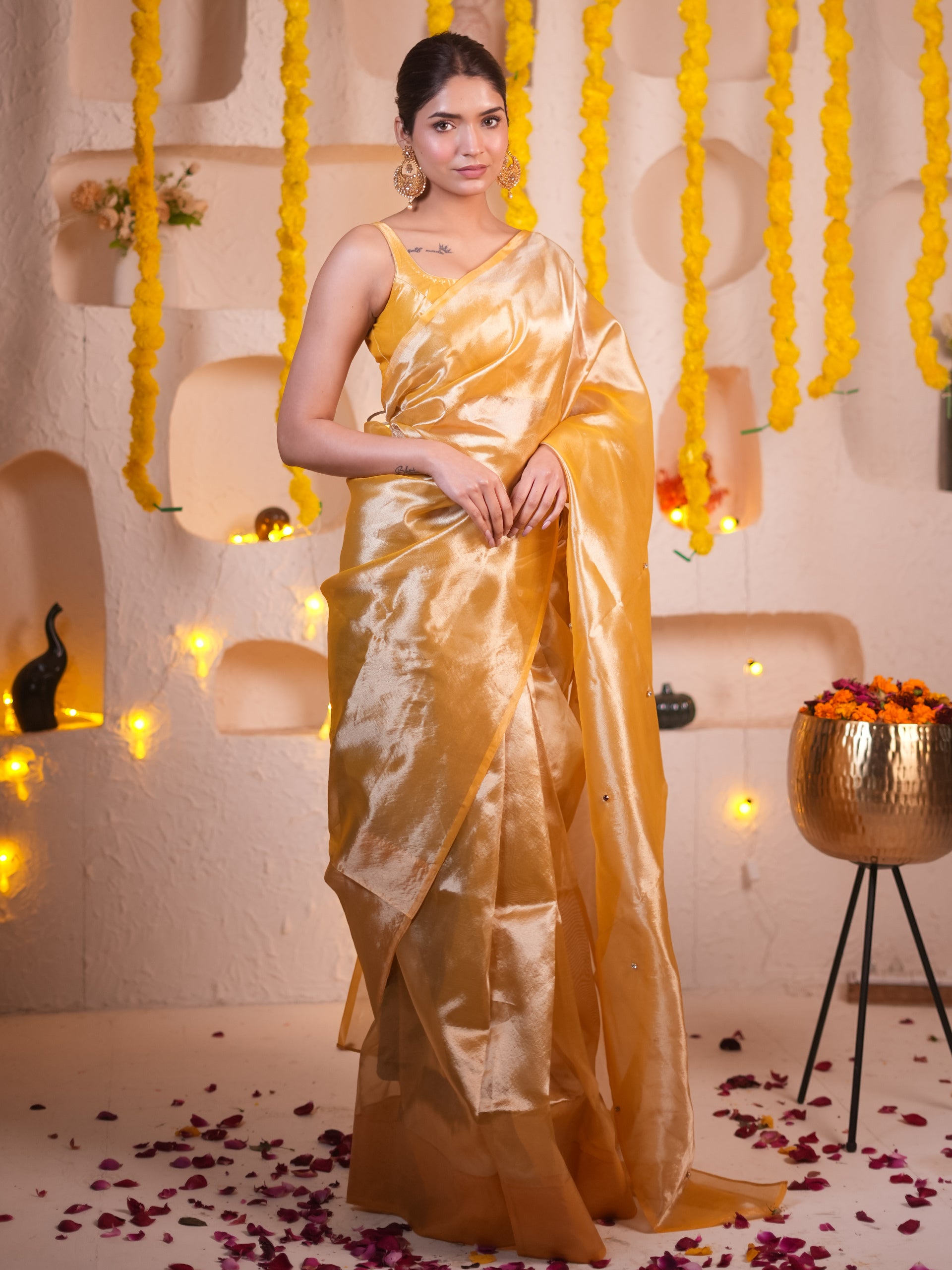 Banarasi Haldi Tissue Saree With Beads And Blouse Fabric