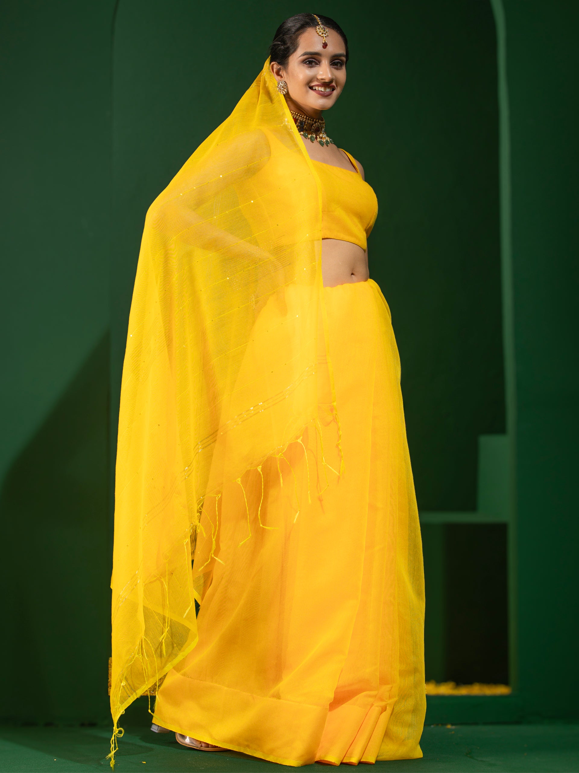 Yellow Sequin Cotton Saree With Blouse Fabric
