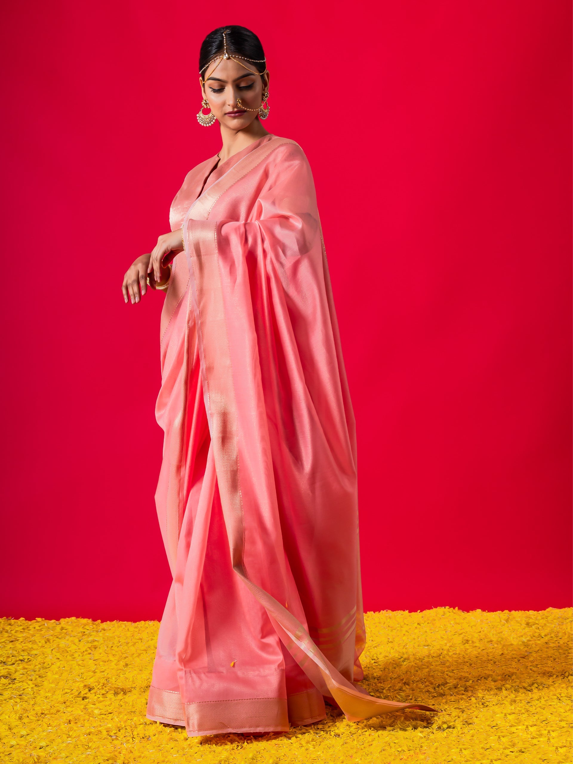 Flamingo Pink Gold Metallic Saree with Blouse Fabric
