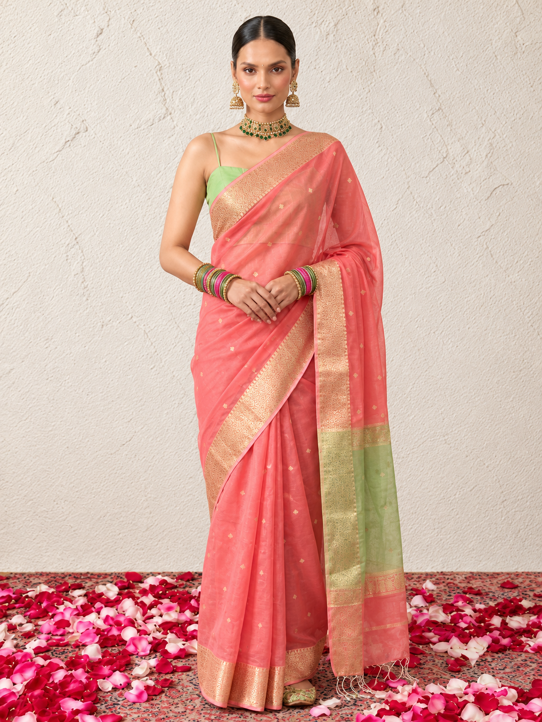 Pink and Green Chanderi Cotton Silk Saree with Matching Green Blouse Fabric