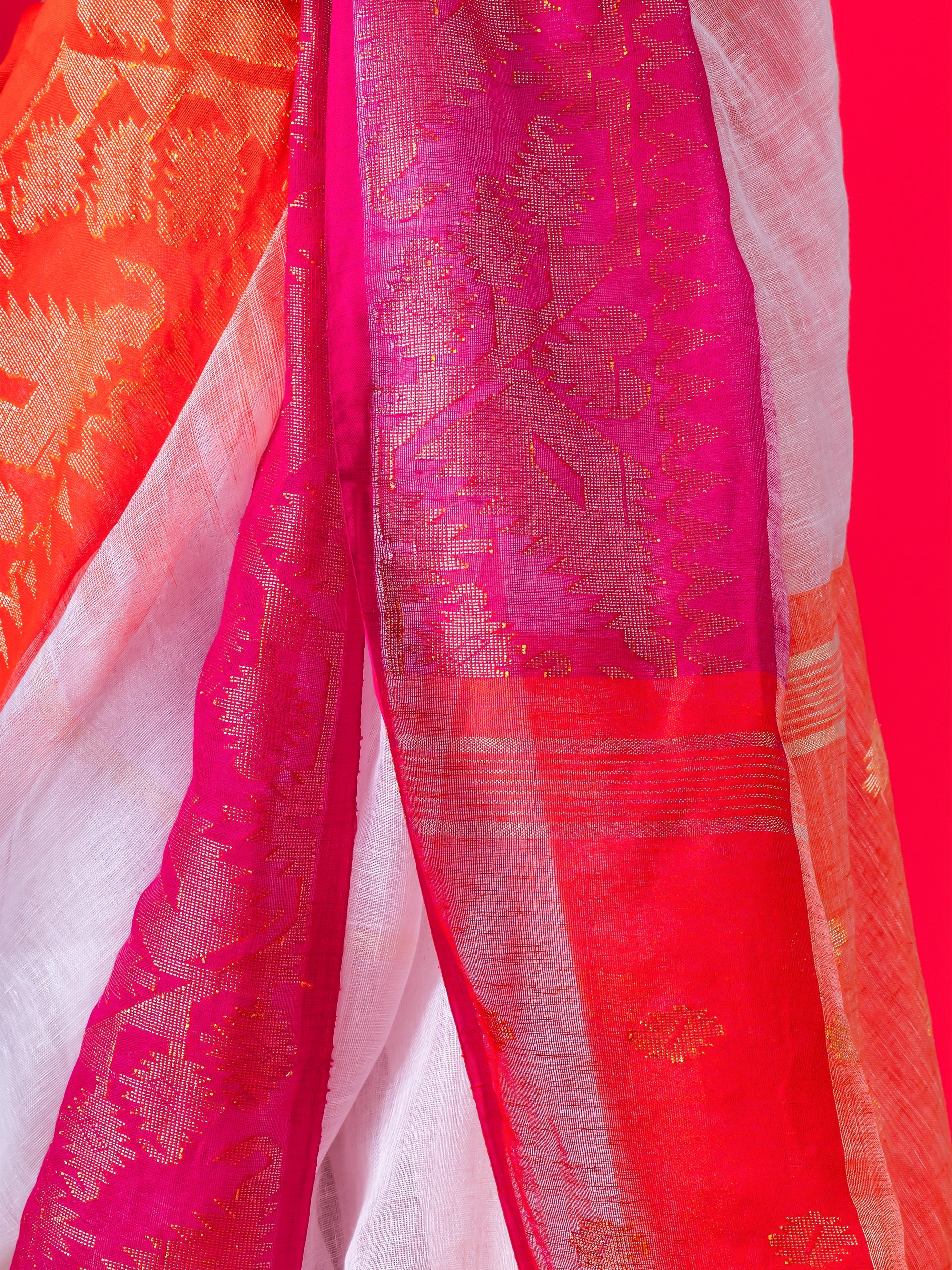 White Linen Ganga Yamuna Red & Orange Saree with Blouse Fabric