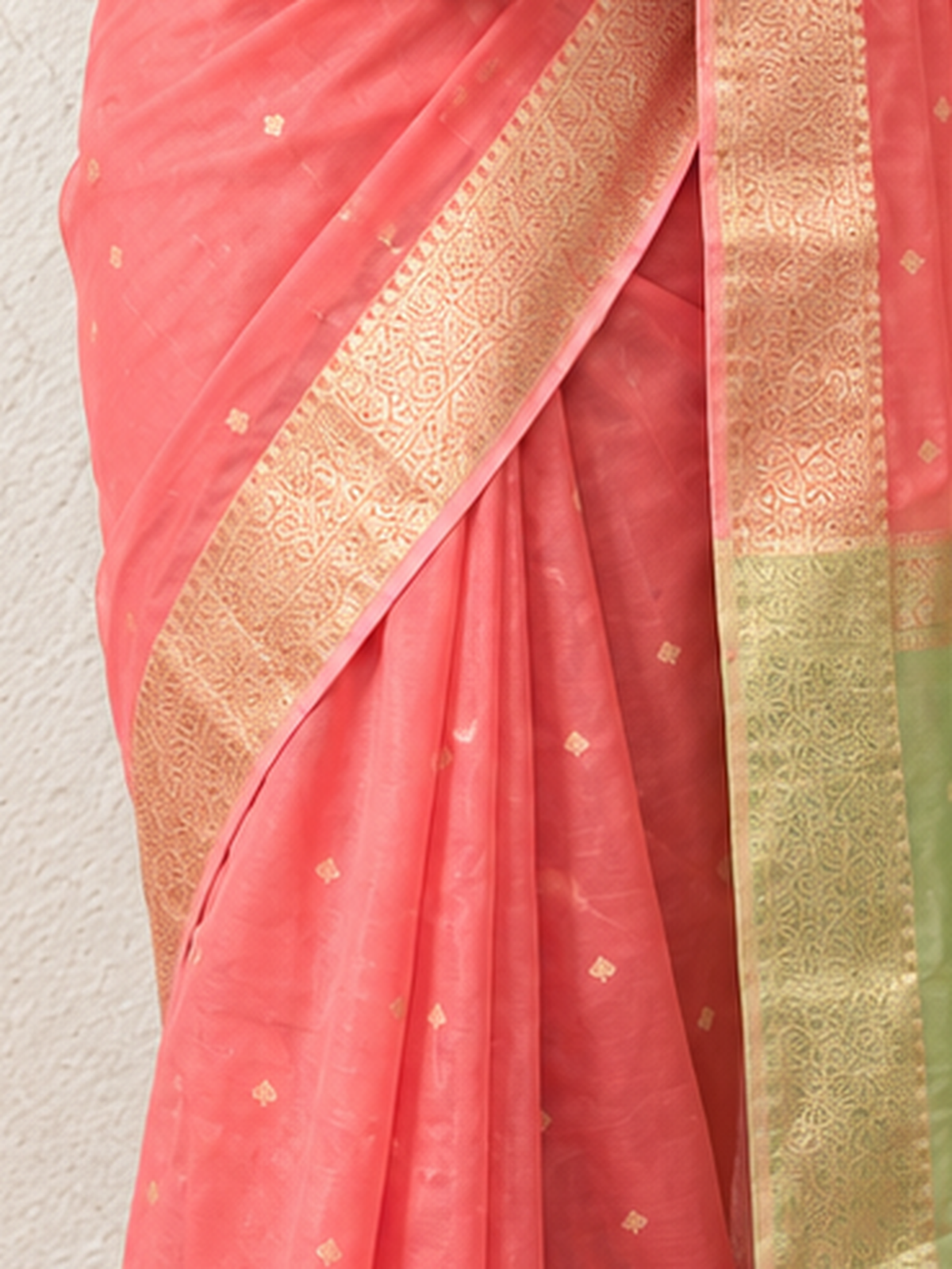 Pink and Green Chanderi Cotton Silk Saree with Matching Green Blouse Fabric