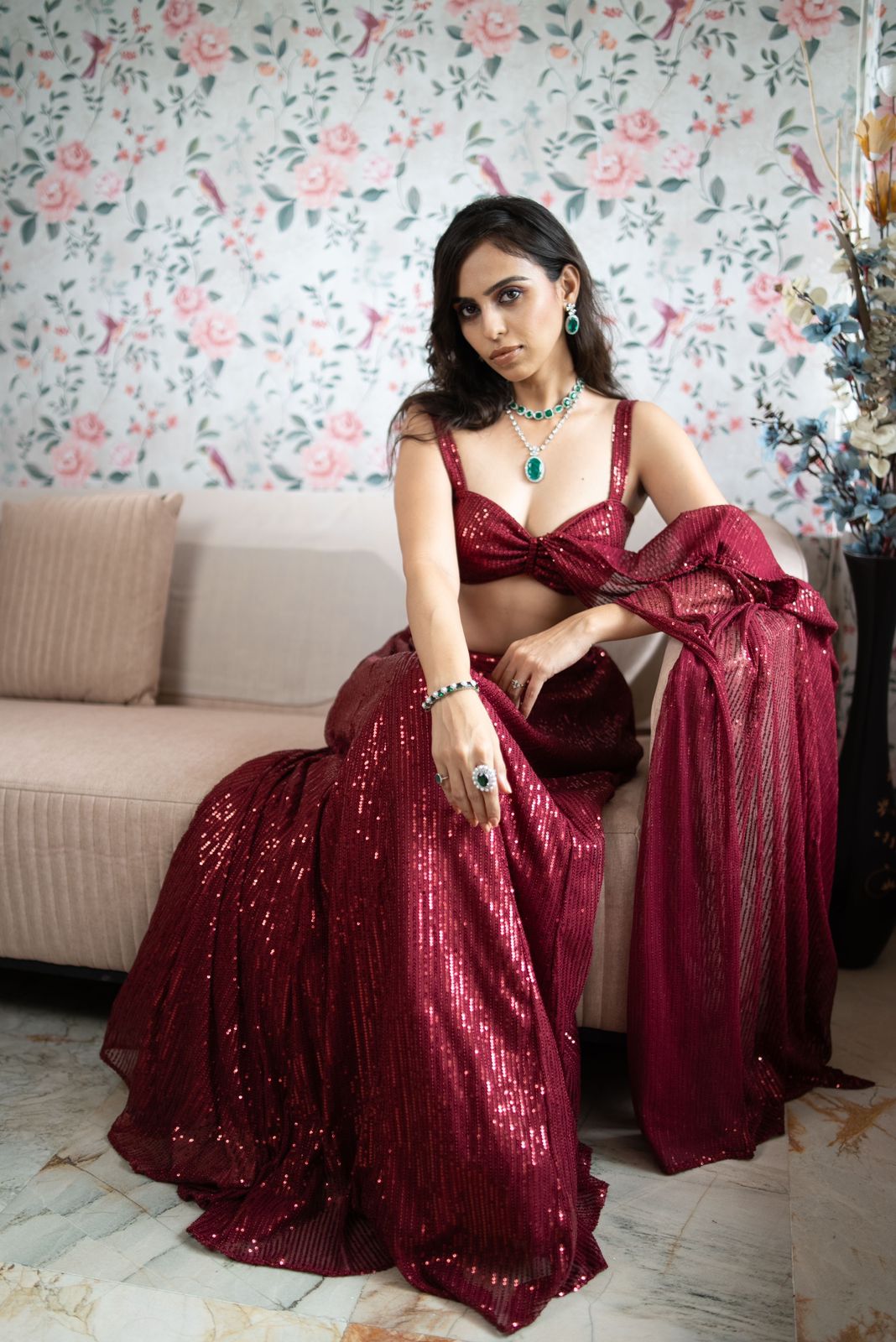 2 pc SET - Maroon Knit Sequined Lehenga with Blouse with Dupatta