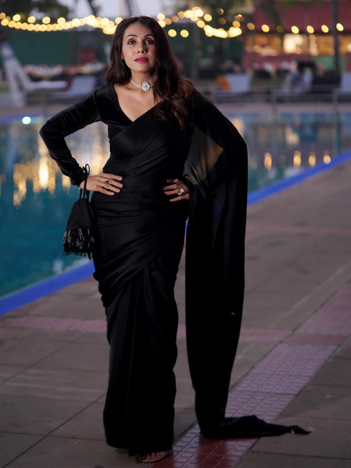 Pre-Draped 1-Minute Black Satin Saree with Big diamonds and Blouse Fabric