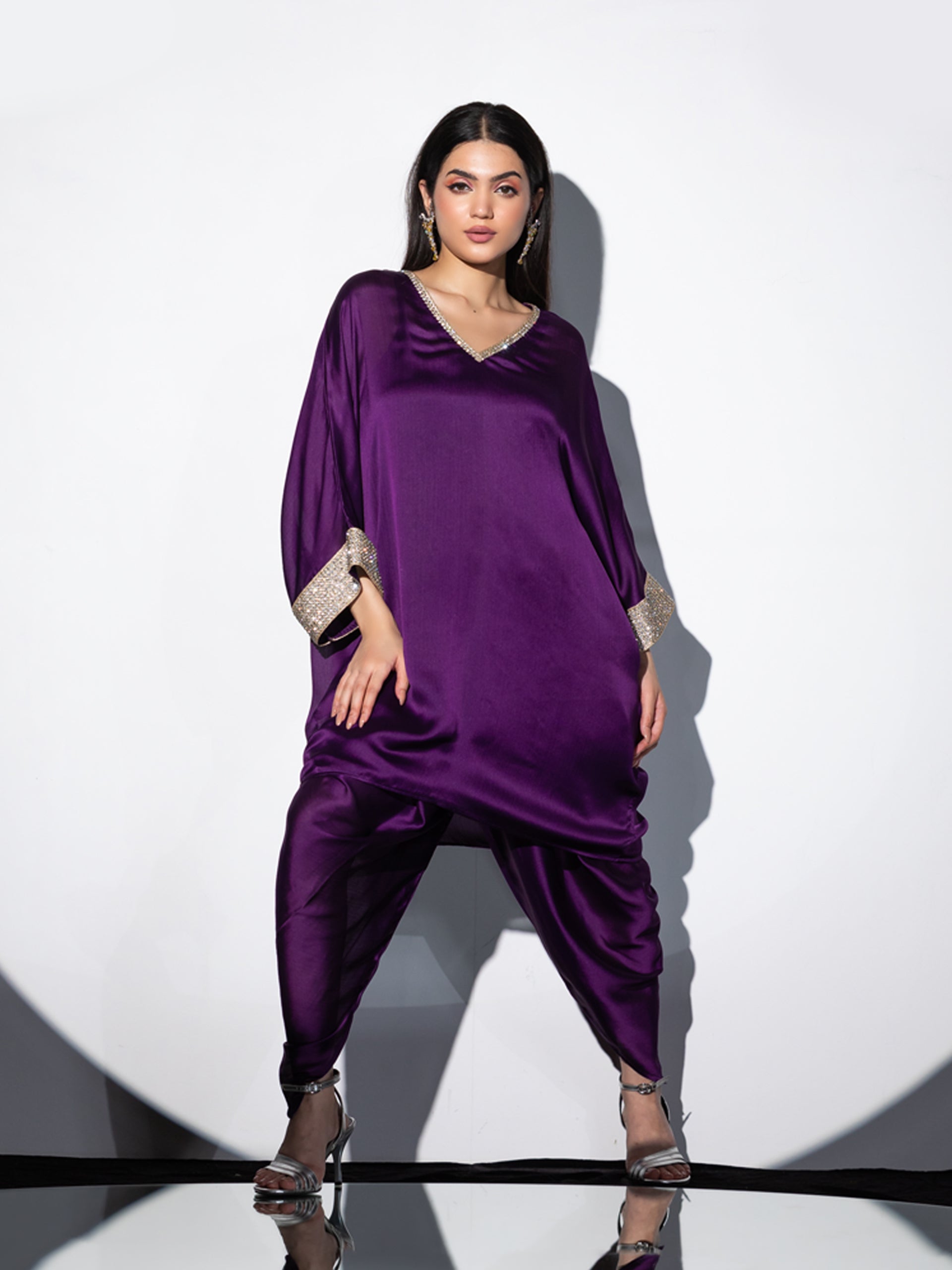 Women's Amethyst Purple Diamond Studded Top Set with Dhoti Pants 2 Piece Set | Straight Fit, V Neck, 3/4 Sleeves, Dhoti Pants, Partywear, (Satin)
