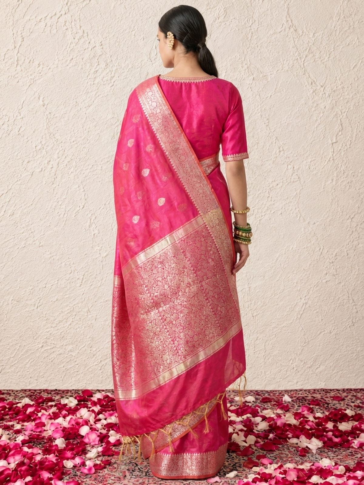 Pink and Yellow Dual Shade Chanderi Cotton Silk Saree with Matching Blouse Fabric