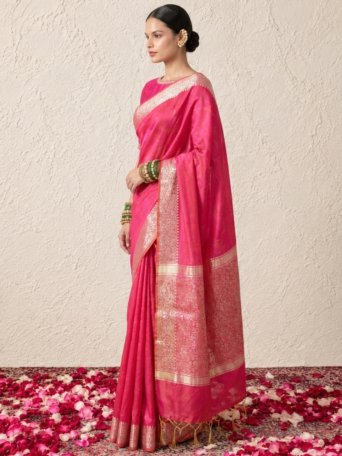 Pink and Yellow Dual Shade Chanderi Cotton Silk Saree with Matching Blouse Fabric