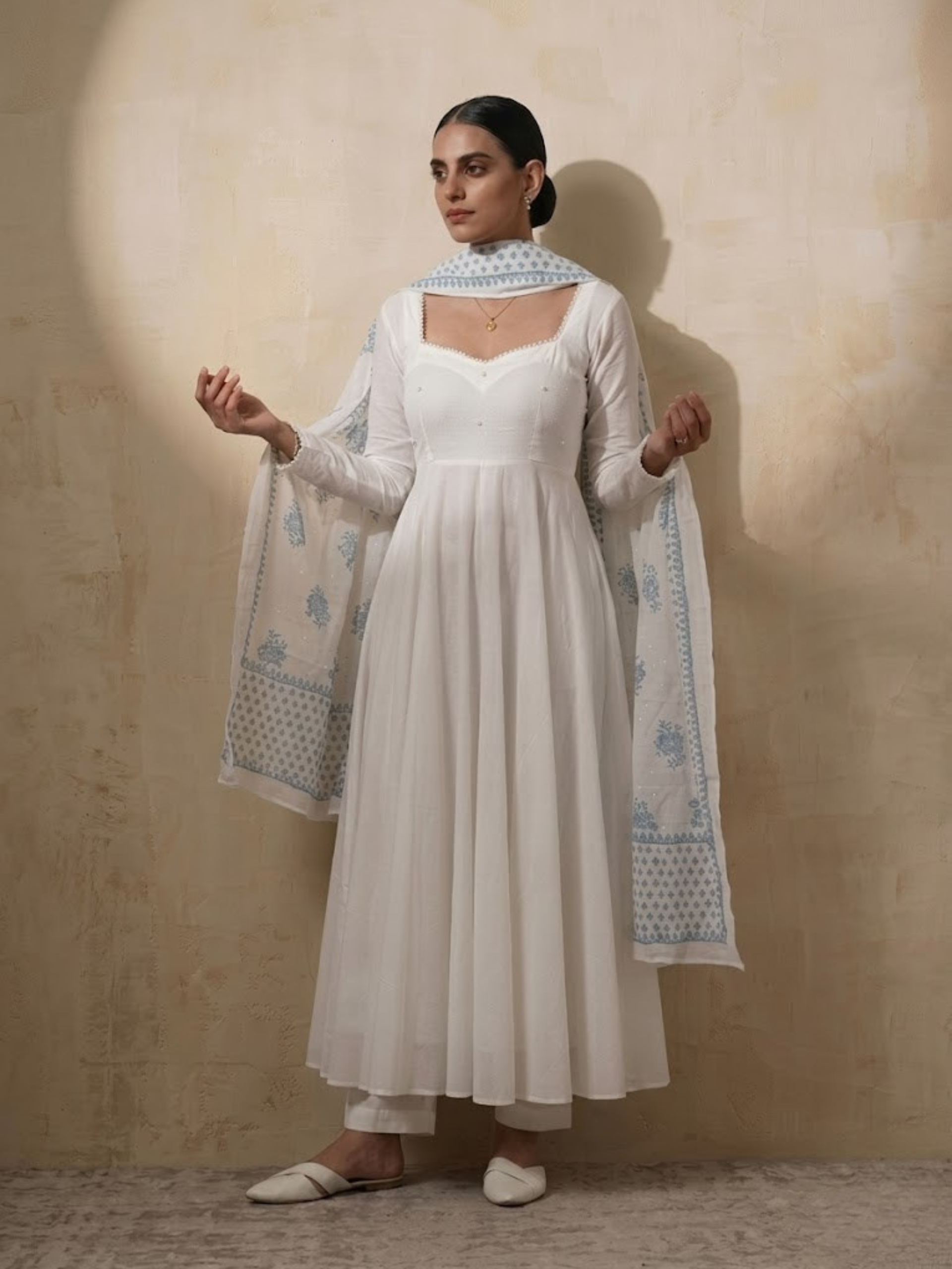3 Pc Set - White Cotton Anarkali with Pearls and Blue White Handblock Printed Dupatta