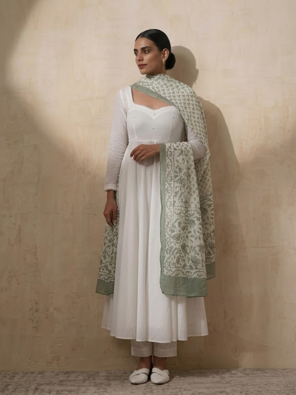 3 Pc Set - White Cotton Anarkali with Pearls and Green Handblock Printed Dupatta