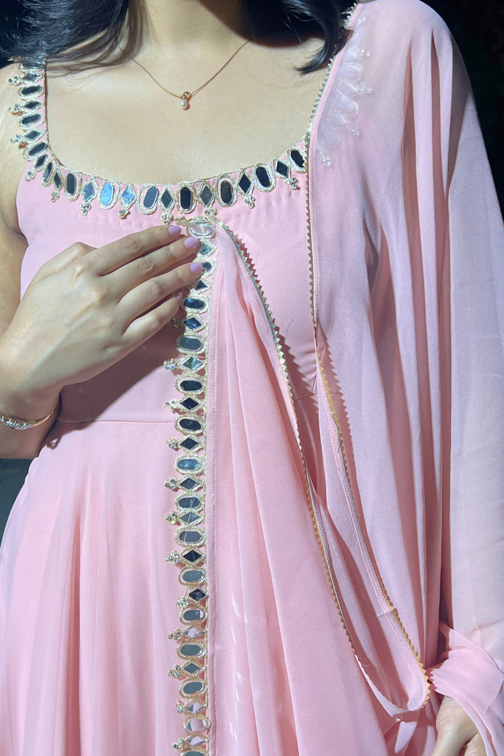 3 pc Suit - Pink Georgette Sleevless Anarkali with Mirror