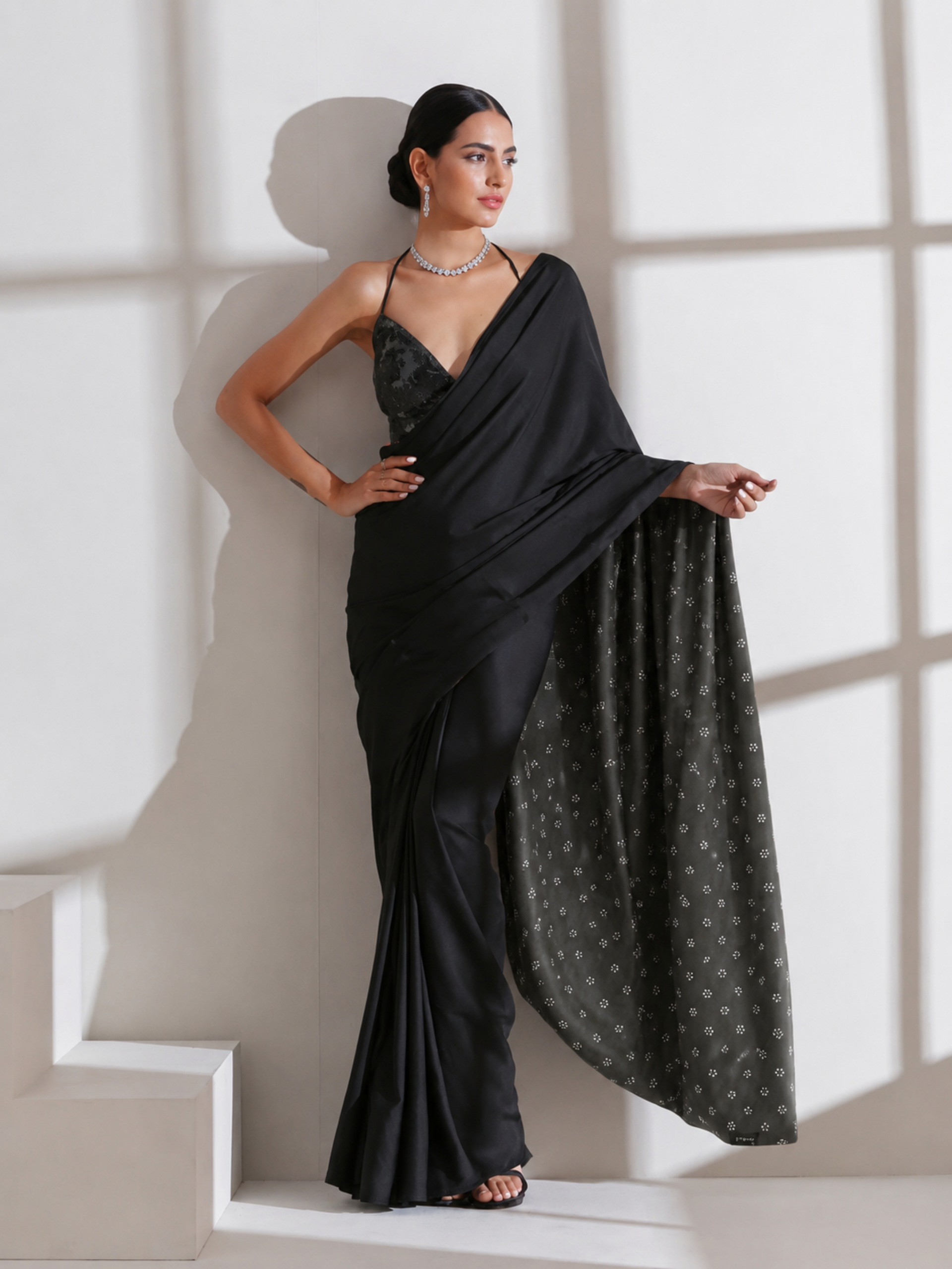 Black Surprise Saree with Silver and Black Blouse Fabric