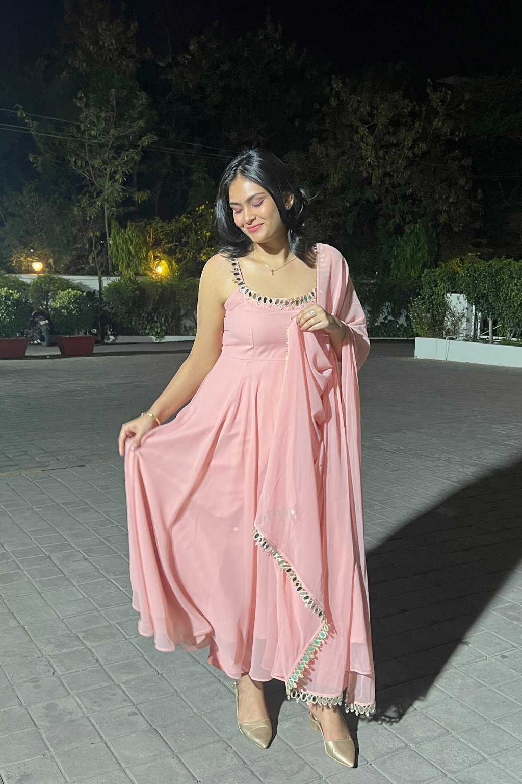 3 pc Suit - Pink Georgette Sleevless Anarkali with Mirror