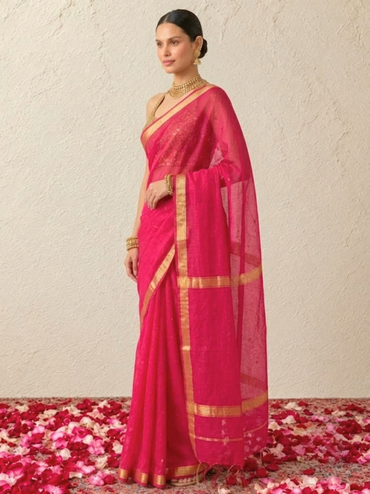 Fushia Chanderi Cotton Silk Allover Butti Saree with Matching Blouse Fabric