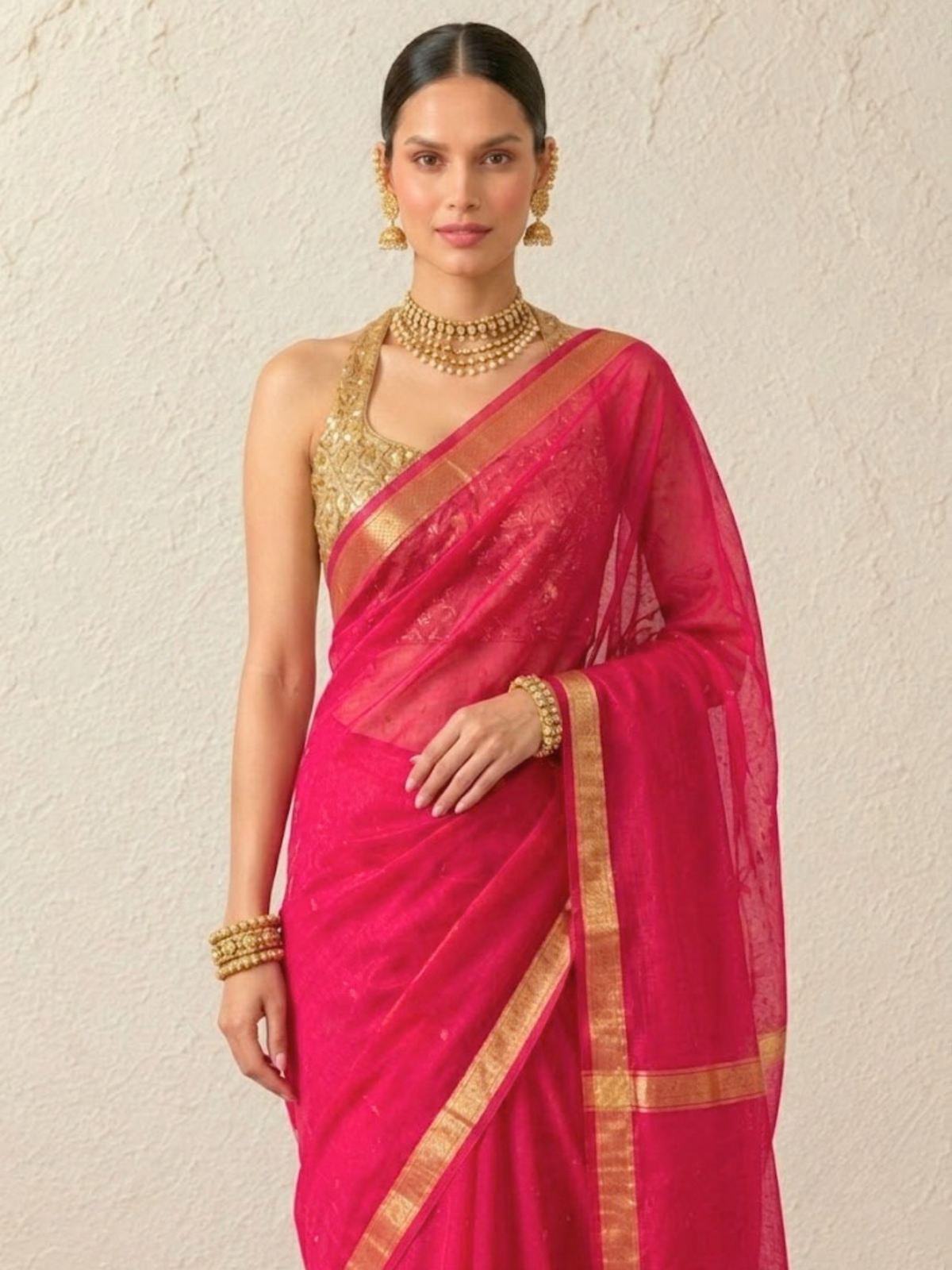 Fushia Chanderi Cotton Silk Allover Butti Saree with Matching Blouse Fabric