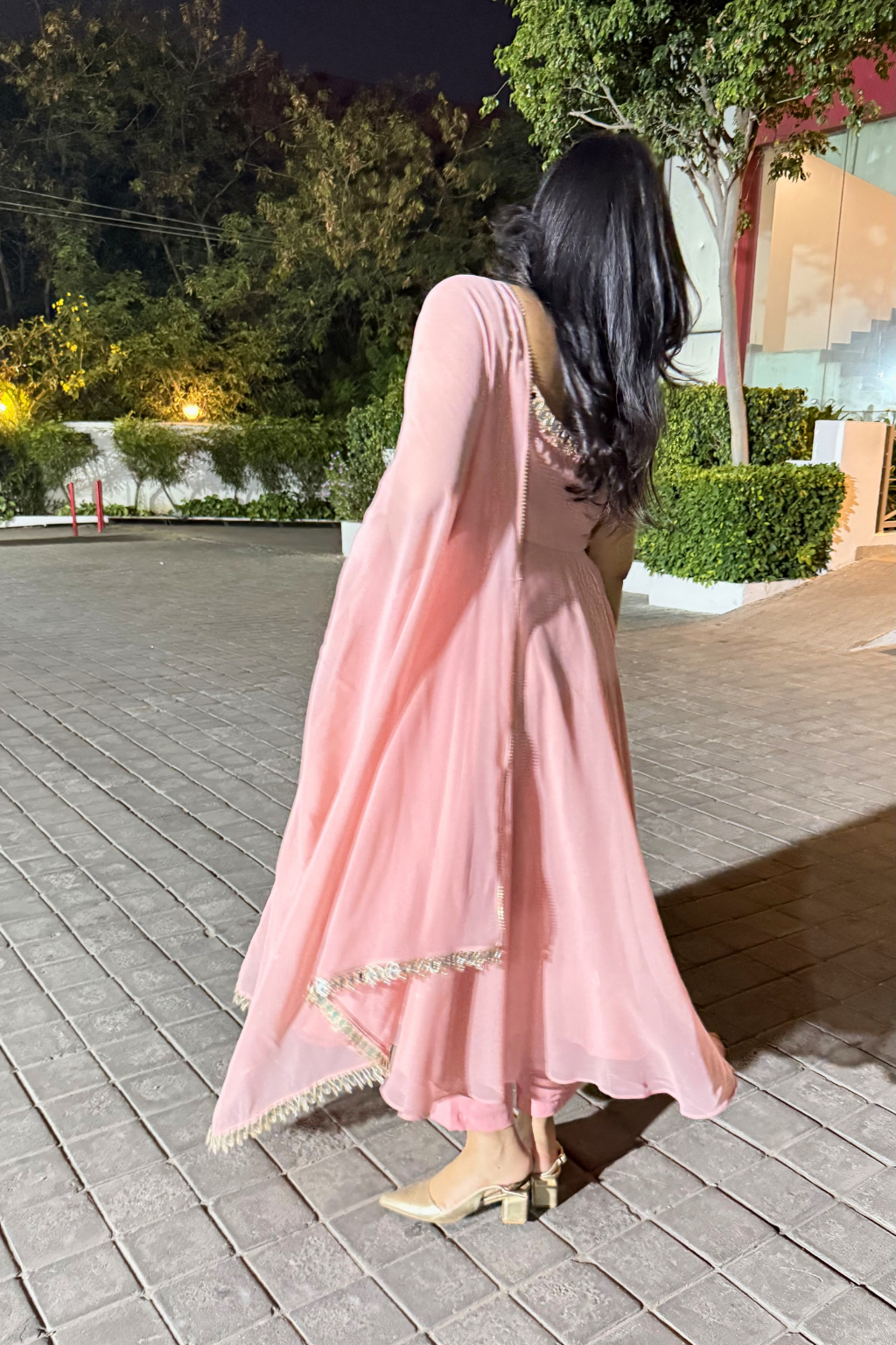 3 pc Suit - Pink Georgette Sleevless Anarkali with Mirror