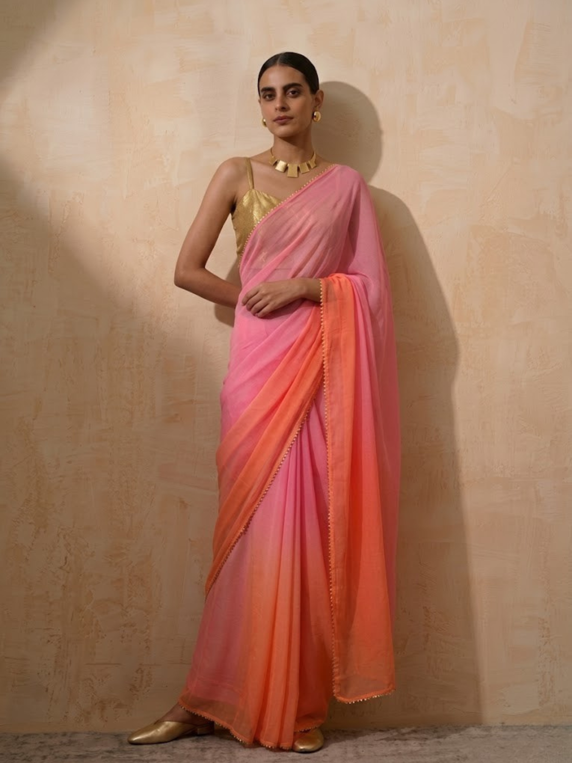 Pink and Coral Ombre Chiffon Saree with Self Fabric Blouse