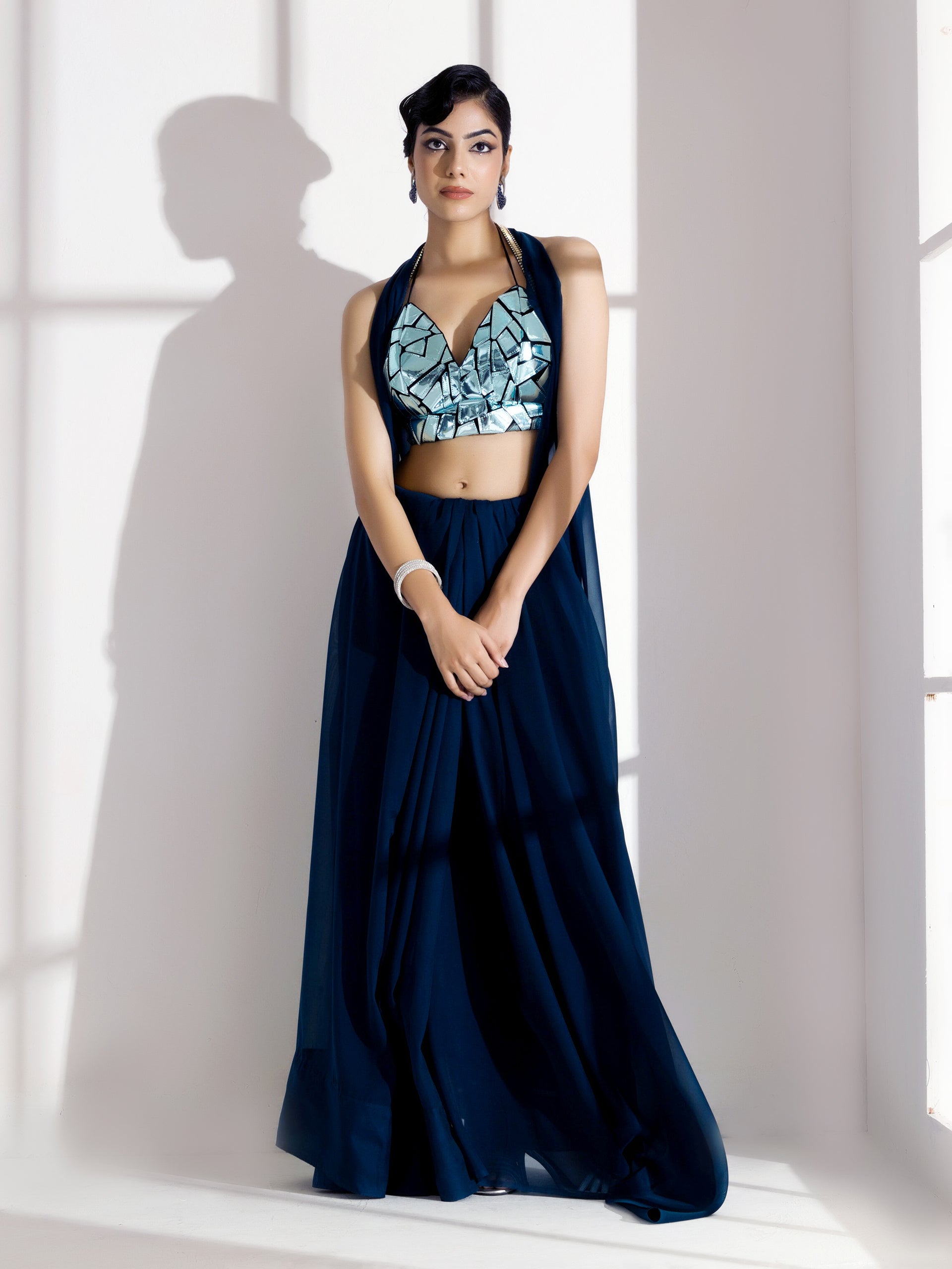 Blue Casa Soft Organza Saree with Diamond Lace with Self Blouse Fabric