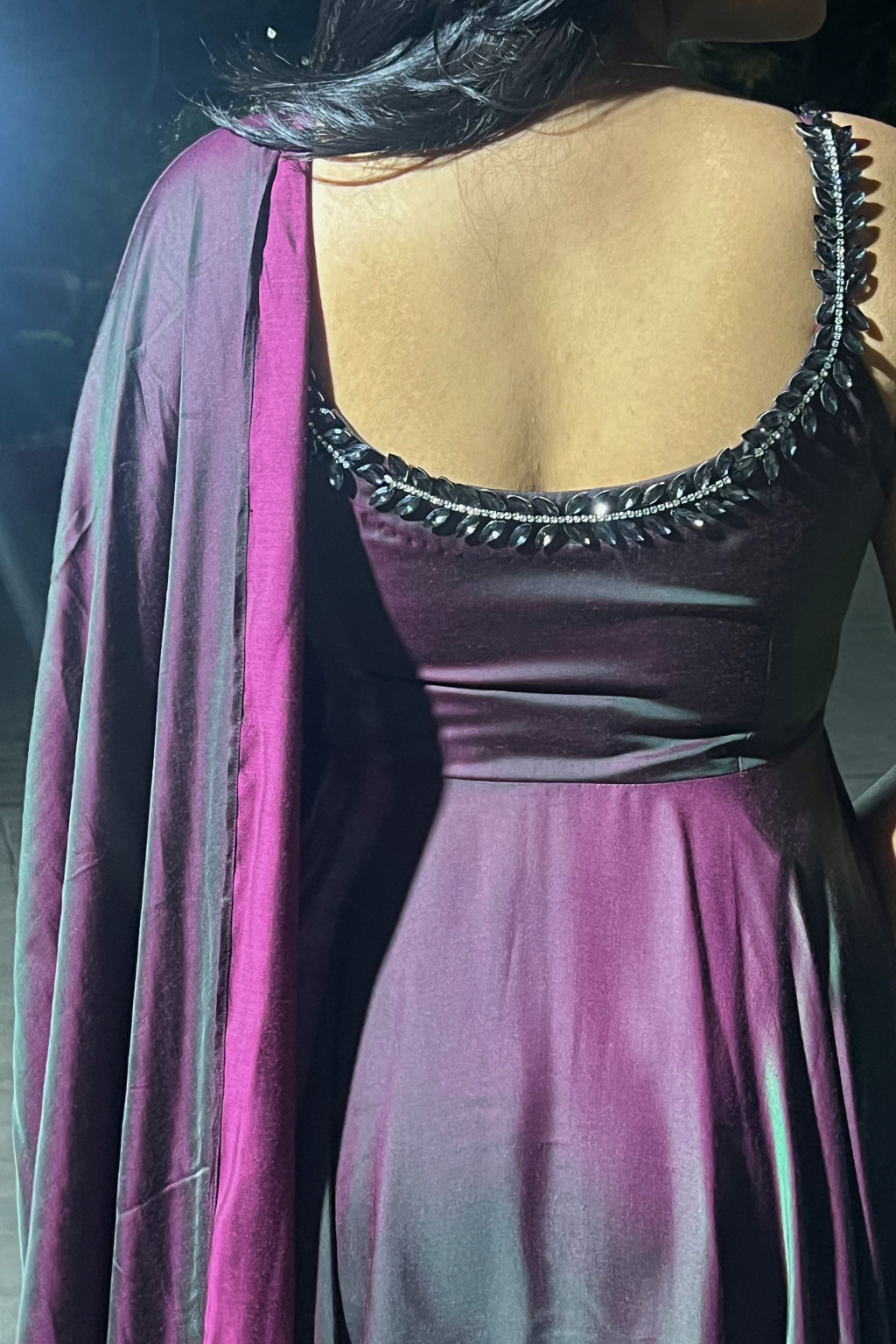 3 pc Suit - Purple Green Satin Sleeveless Anarkali with Glass Trim