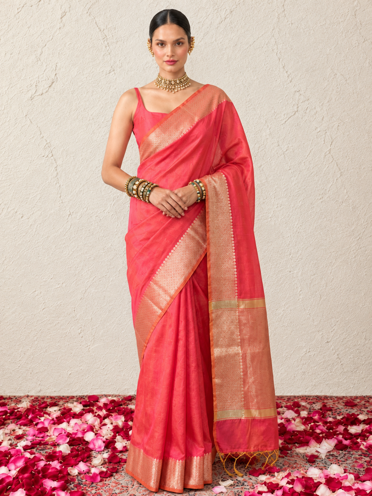 Orange and Pink Dual Shade Chanderi Cotton Silk Saree with Matching Blouse Fabric