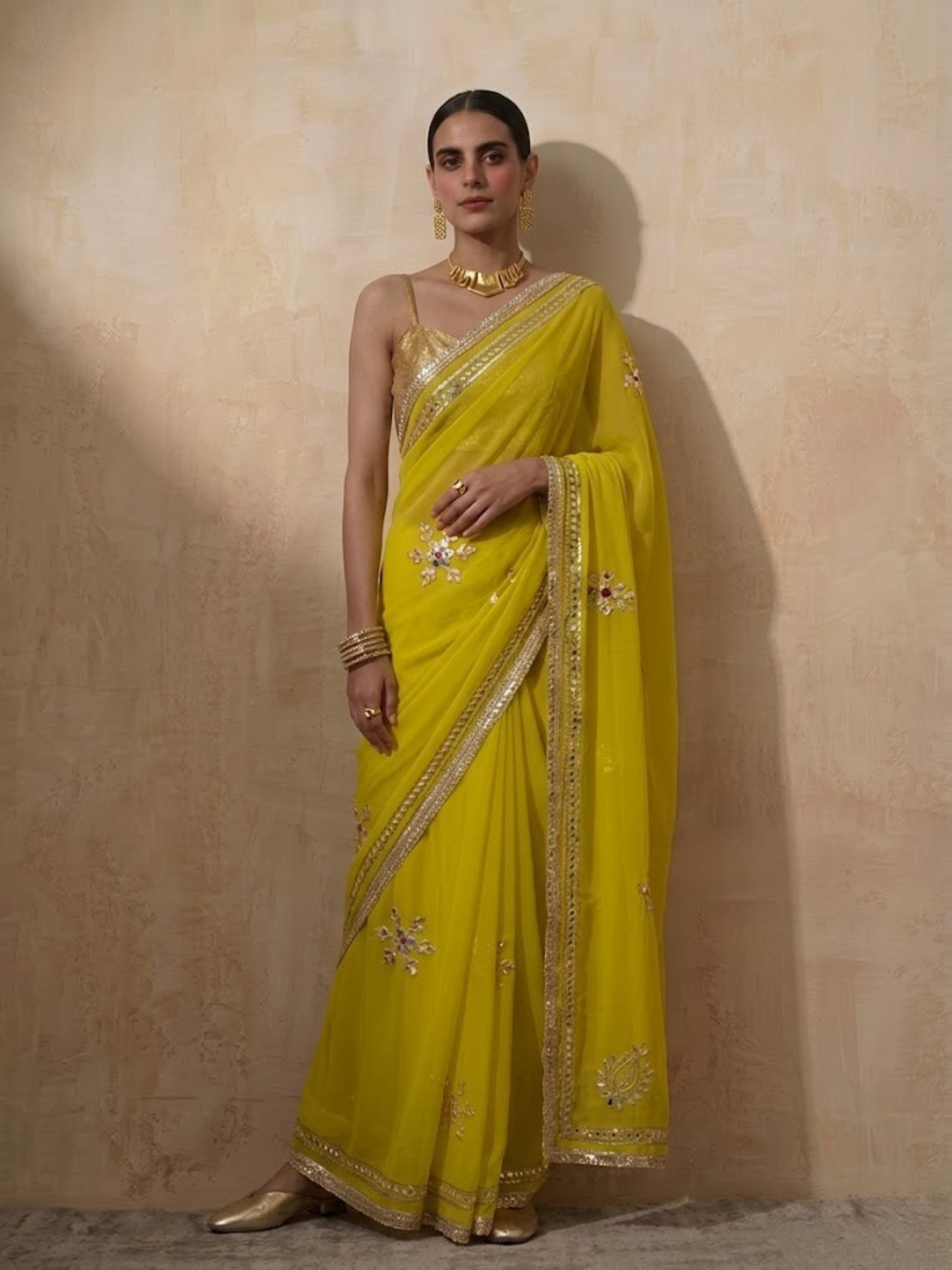 Highlighter Chiffon Saree with Gota Patti Handwork with Self Blouse Fabric