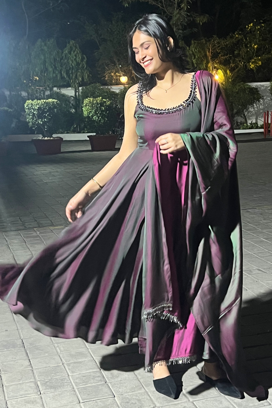 3 pc Suit - Purple Green Satin Sleeveless Anarkali with Glass Trim