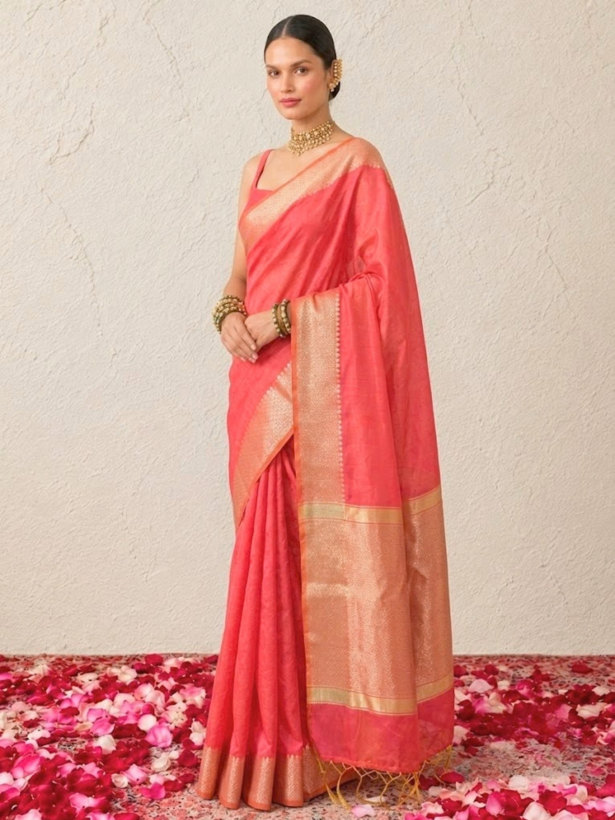 Orange and Pink Dual Shade Chanderi Cotton Silk Saree with Matching Blouse Fabric