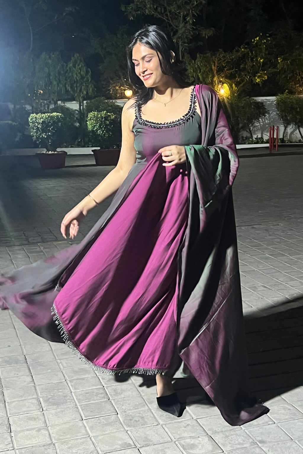 3 pc Suit - Purple Green Satin Sleeveless Anarkali with Glass Trim