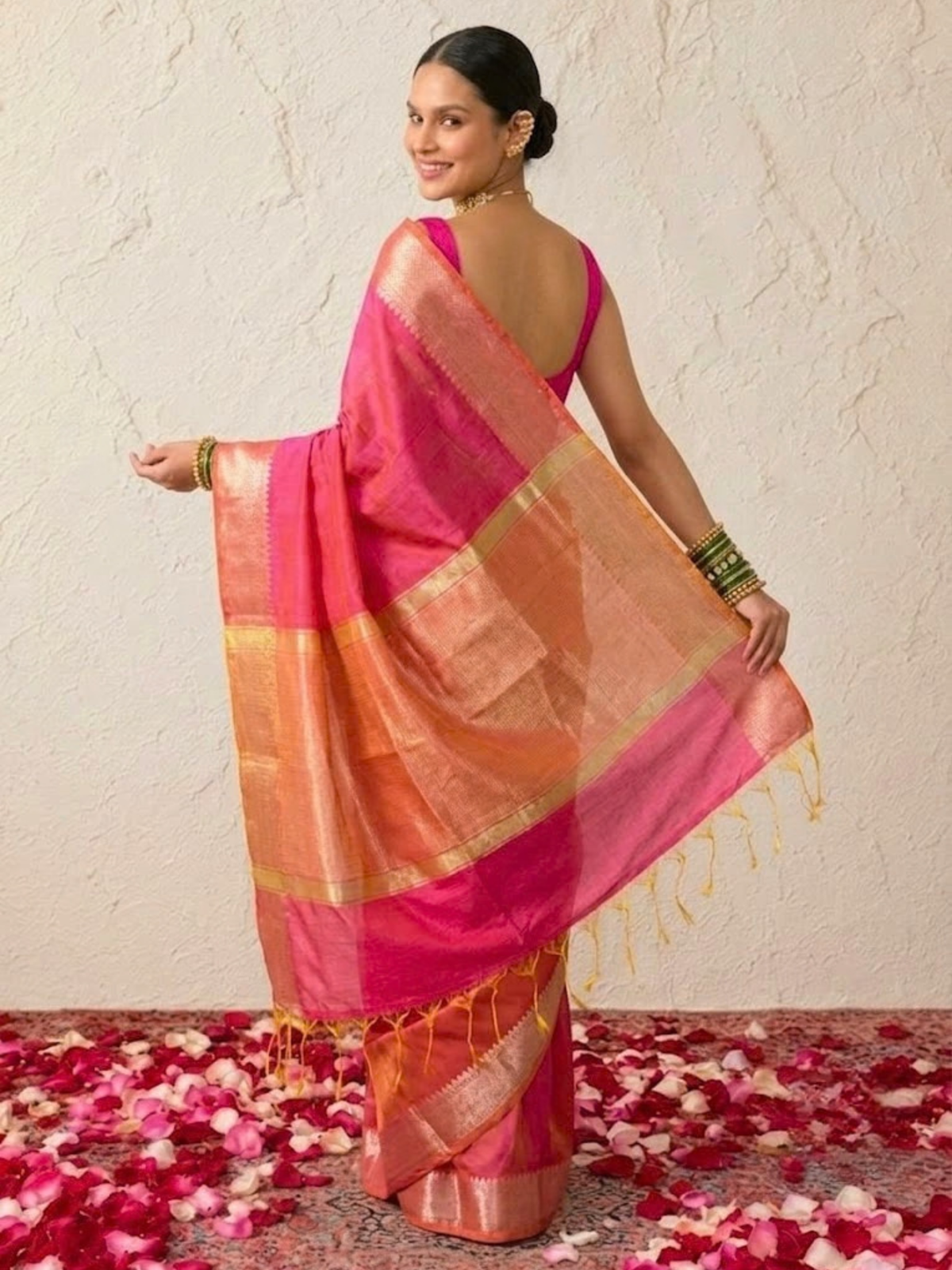 Pink and Yellow Dual Shade Chanderi Cotton Silk Saree with Matching Blouse Fabric