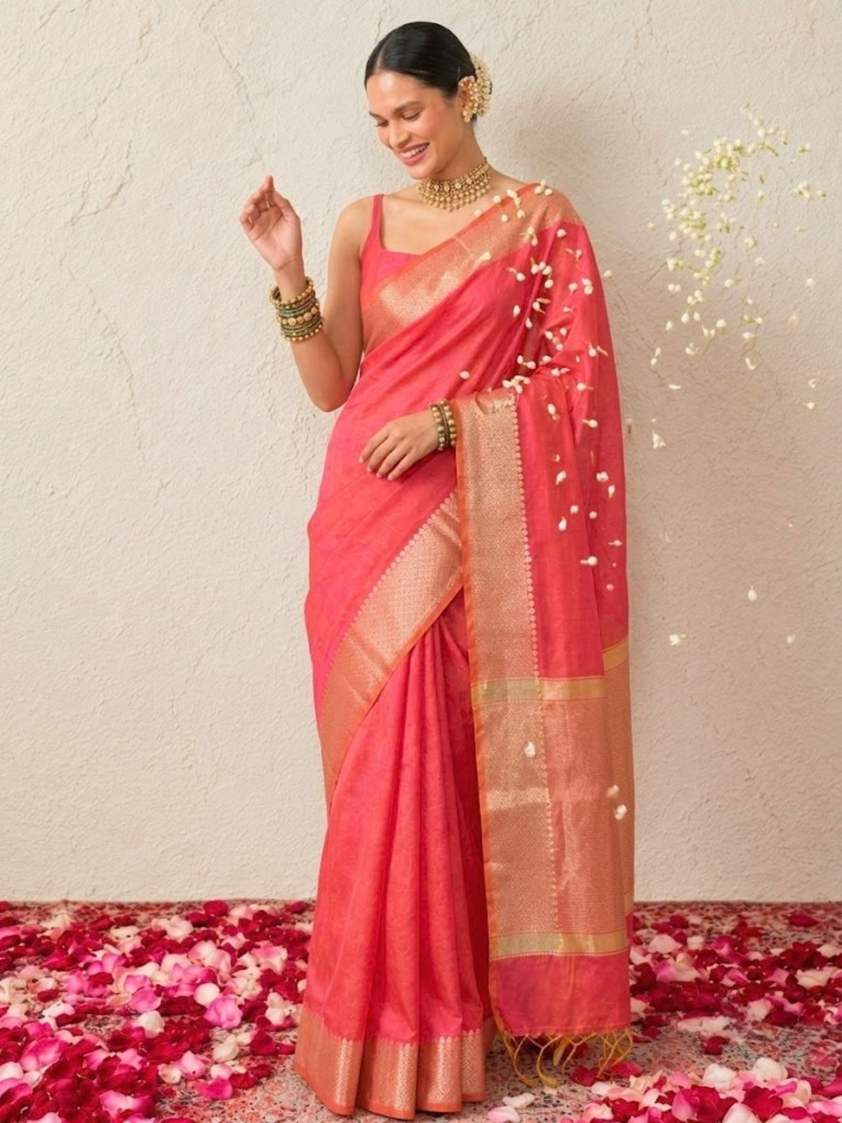 Orange and Pink Dual Shade Chanderi Cotton Silk Saree with Matching Blouse Fabric