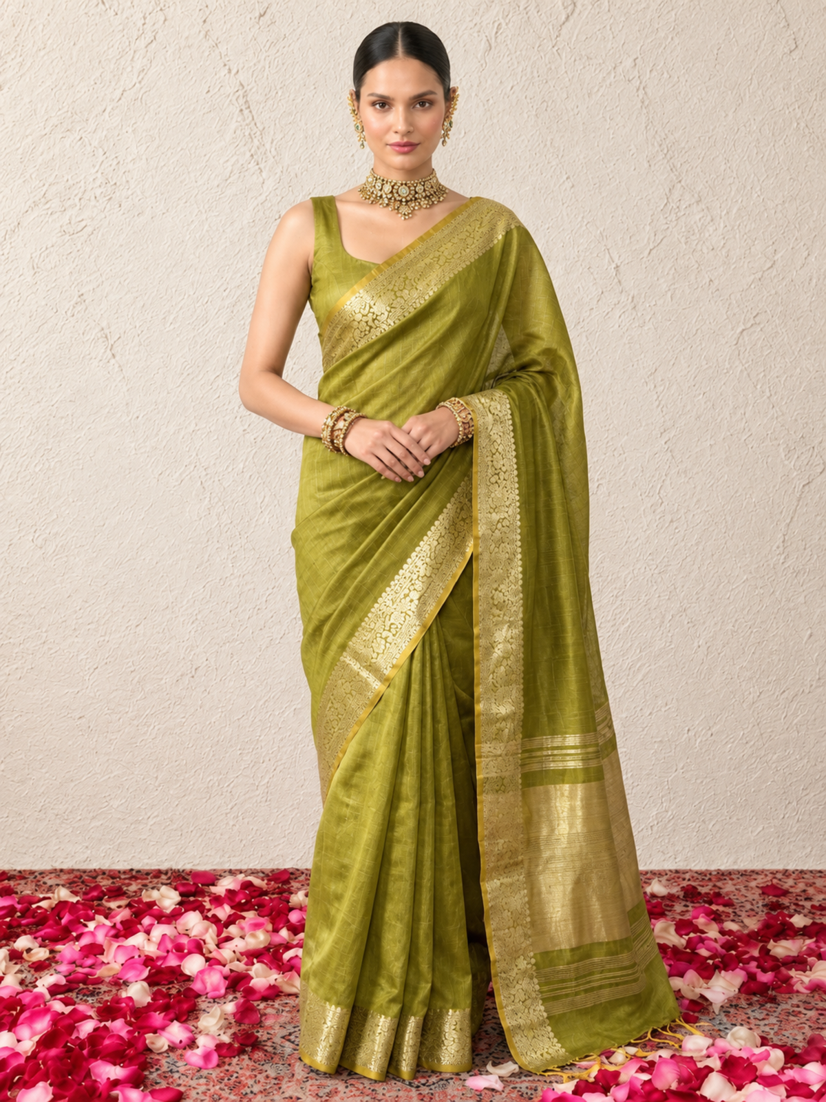Green and Yellow Dual Shade Chanderi Cotton Silk Saree with Matching Blouse Fabric