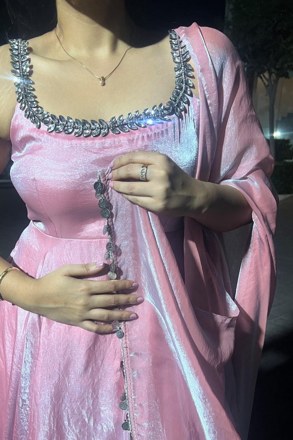 3 pc Suit - Pink Blue Metallic Sleeveless Anarkali with Glass Trim