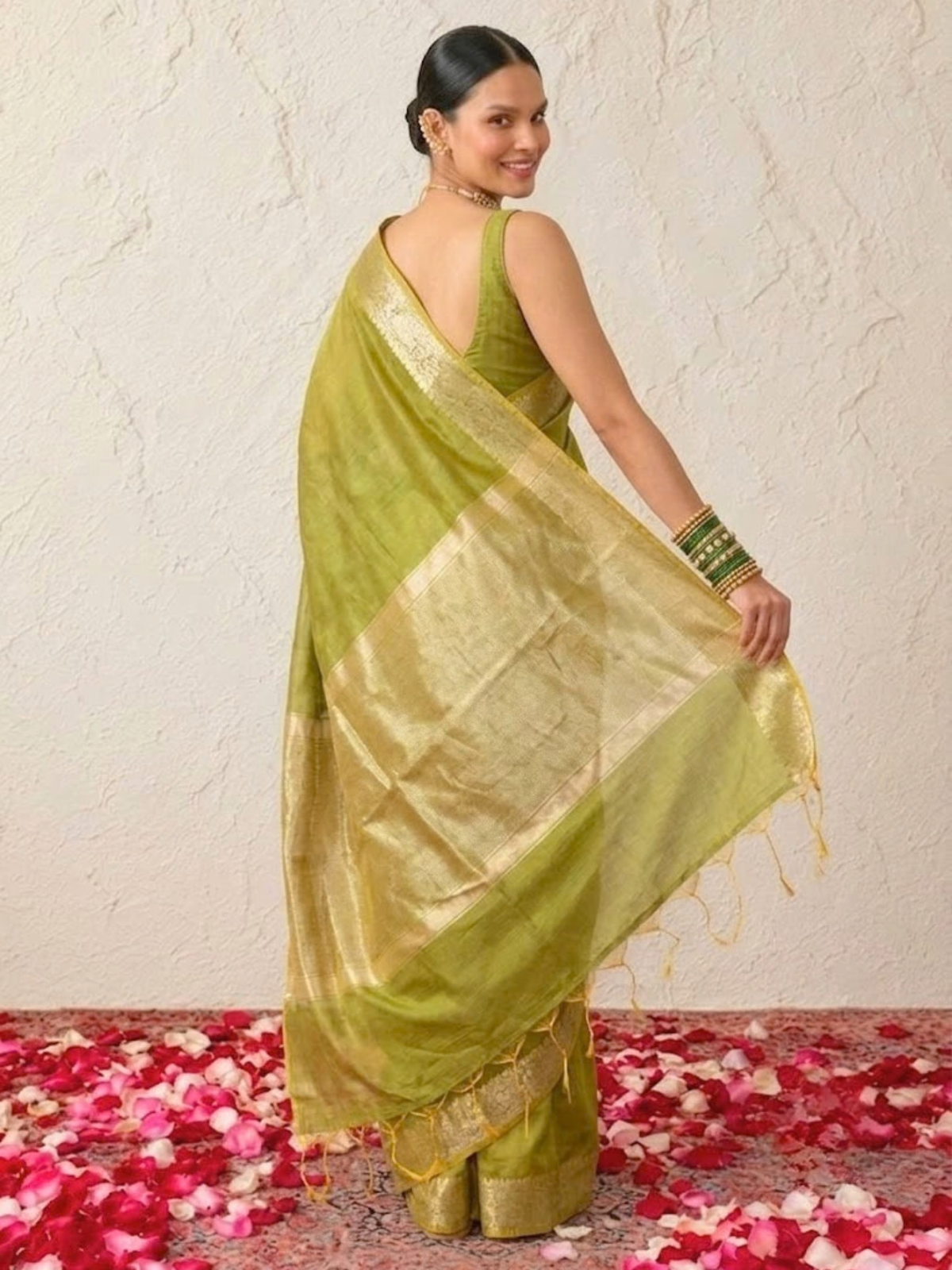 Green and Yellow Dual Shade Chanderi Cotton Silk Saree with Matching Blouse Fabric