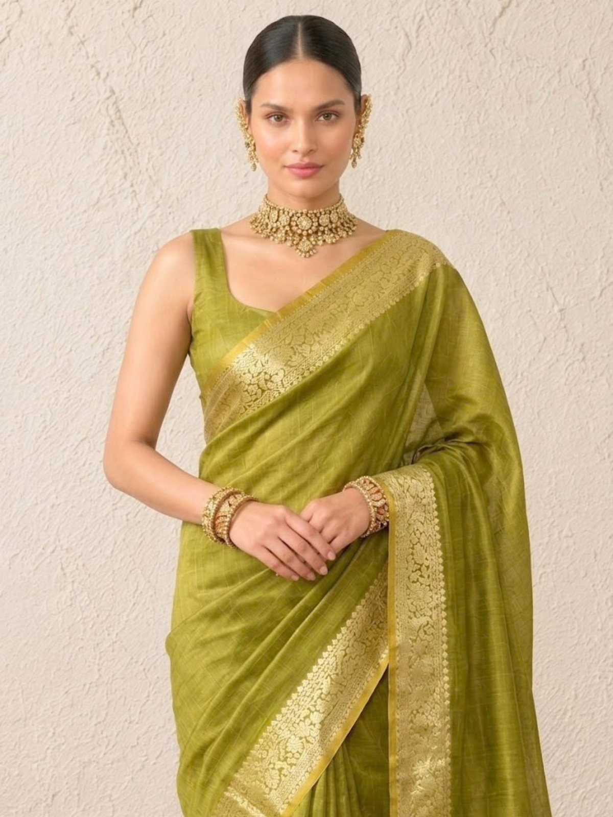 Green and Yellow Dual Shade Chanderi Cotton Silk Saree with Matching Blouse Fabric
