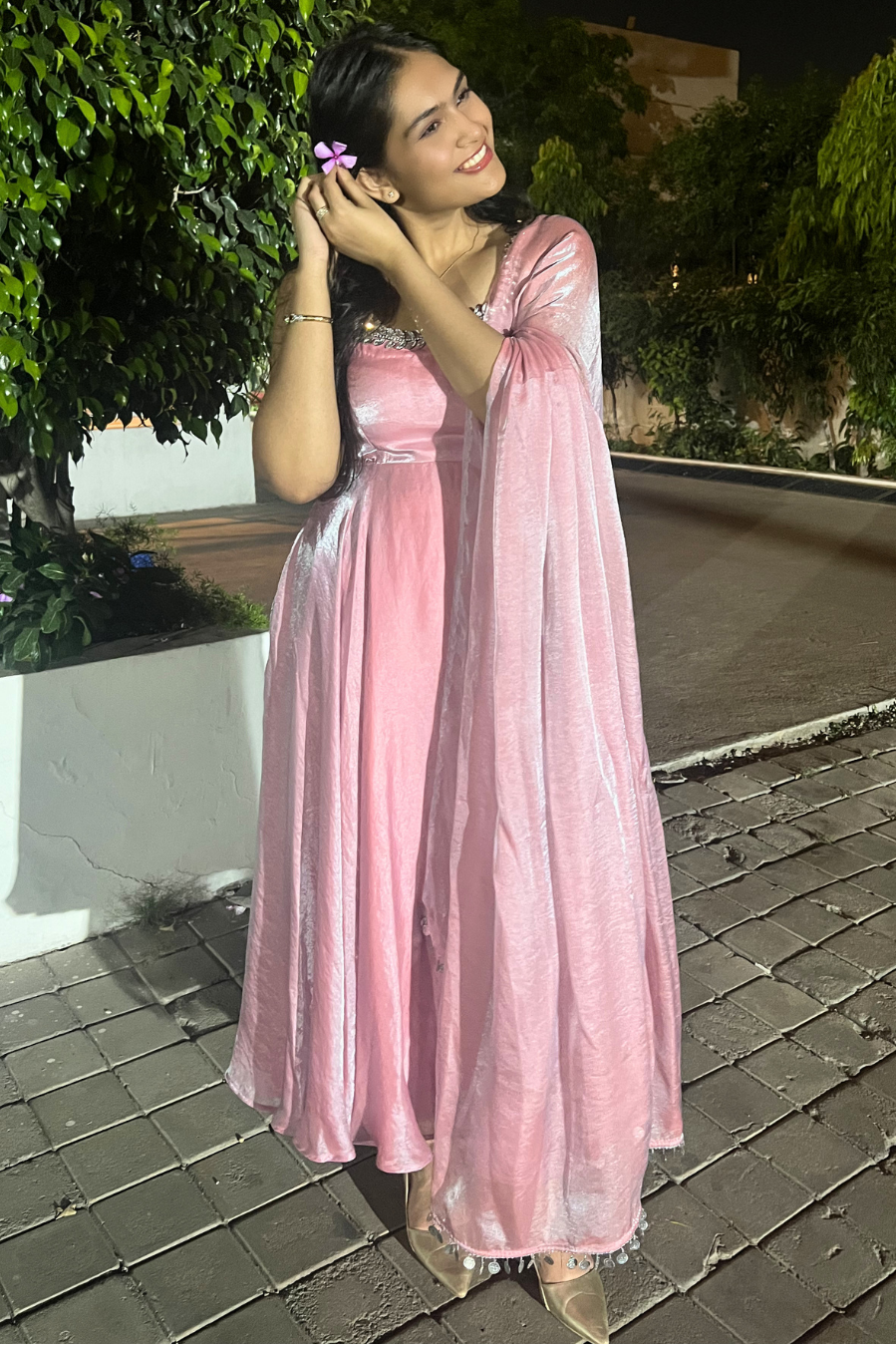 3 pc Suit - Pink Blue Metallic Sleeveless Anarkali with Glass Trim