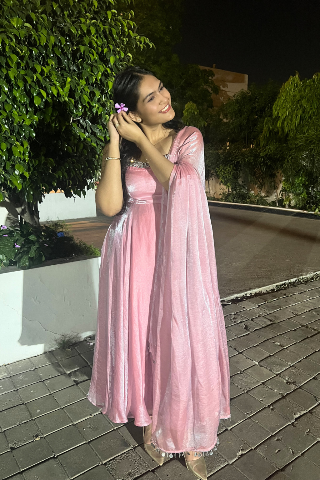 3 pc Suit - Pink Blue Metallic Sleeveless Anarkali with Glass Trim