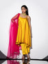 3pcs. Set | Yellow Satin Dress, Pants and Net Dupatta with Lace