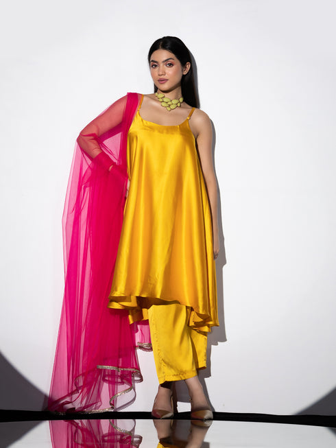 3pcs. Set | Yellow Satin Dress, Pants and Net Dupatta with Lace