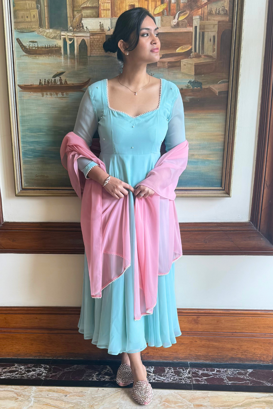 3 pc Suit Set -Light Blue Pearl Edge Georgette 3/4th Sleeve Anarkali with Pink Dupatta and Pants