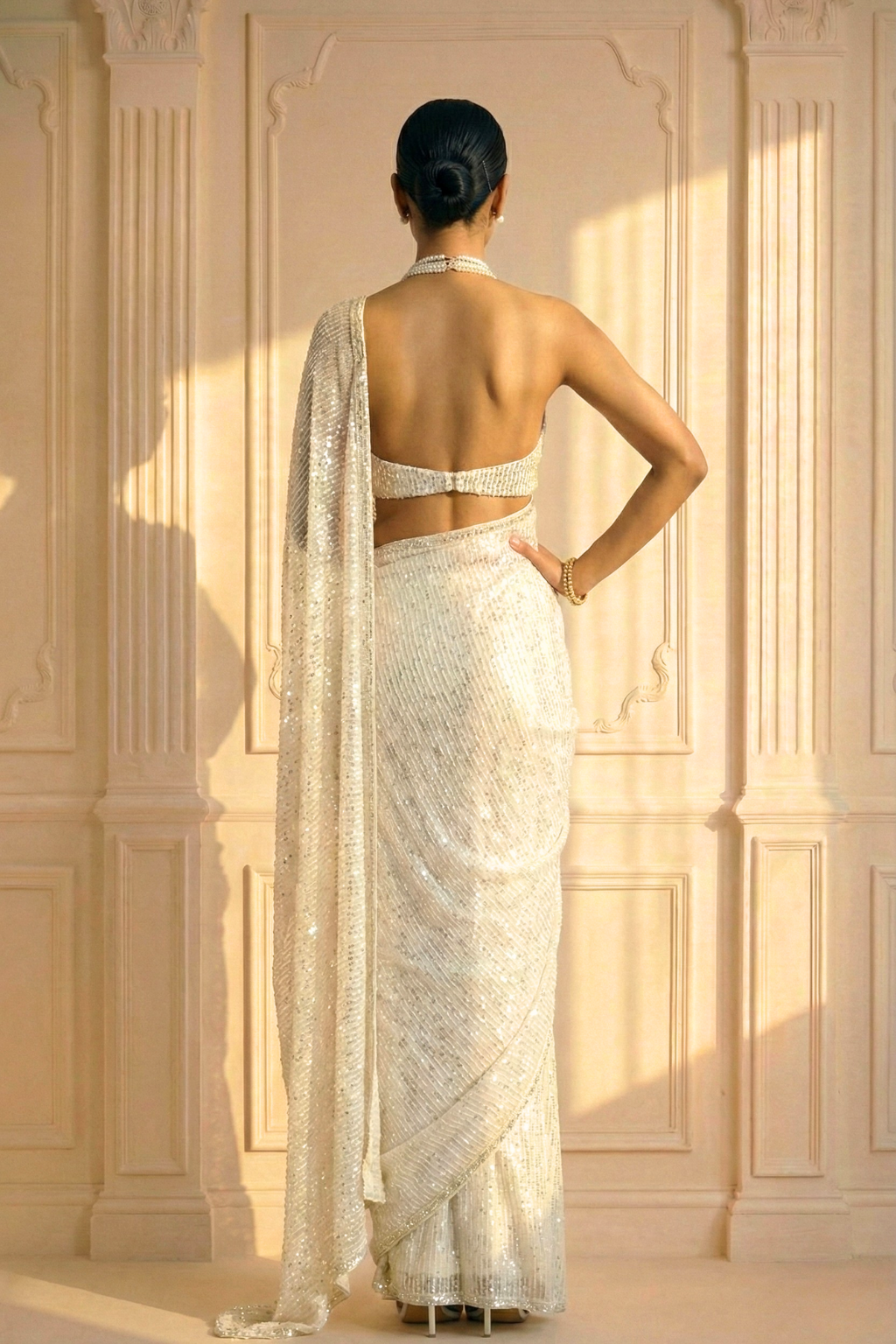 Cloud Dancer Knitted Sequin Saree with Self Blouse Fabric