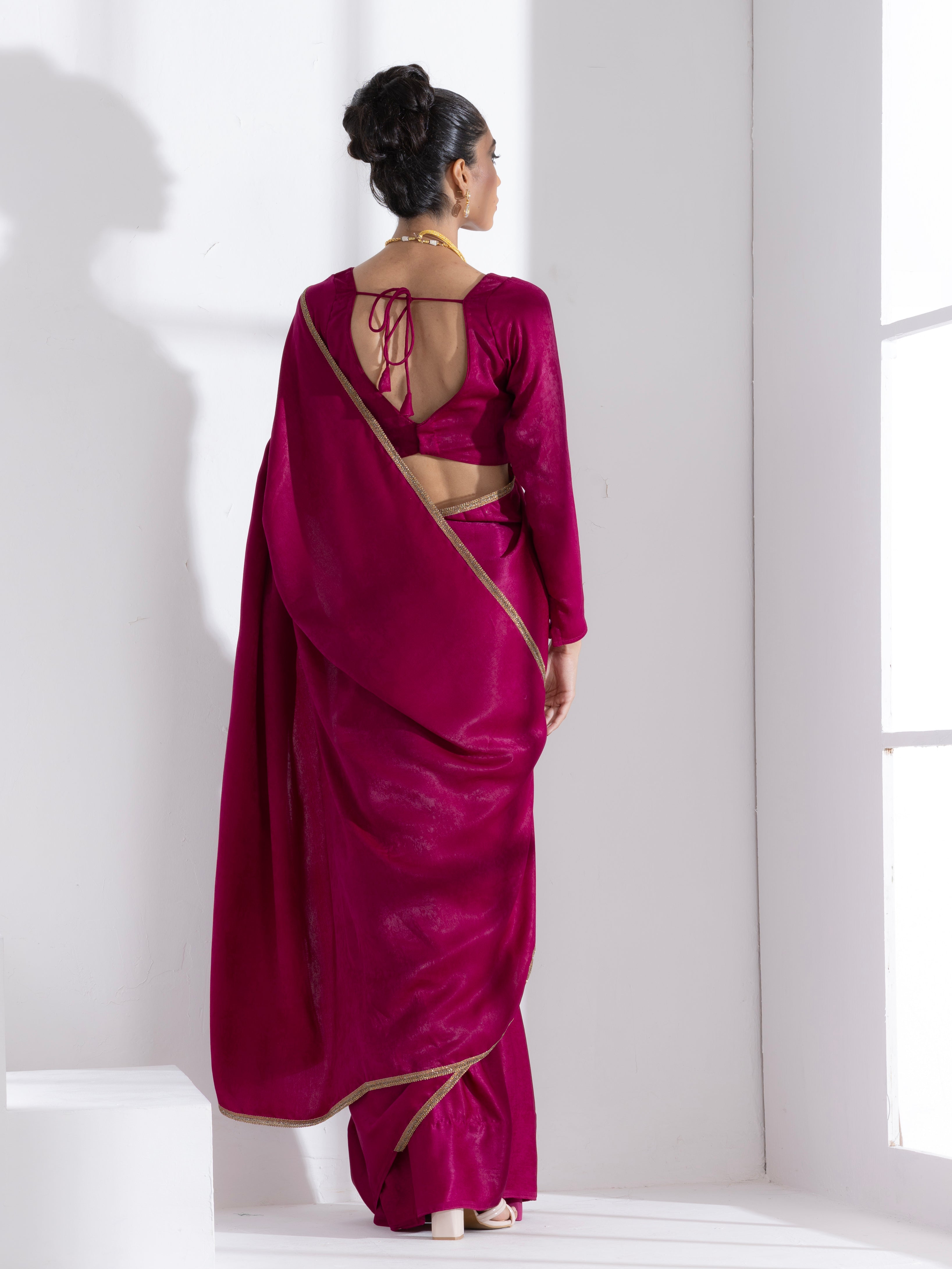 Posh Wine Saree with Bronze Lace and Self Blouse Fabric