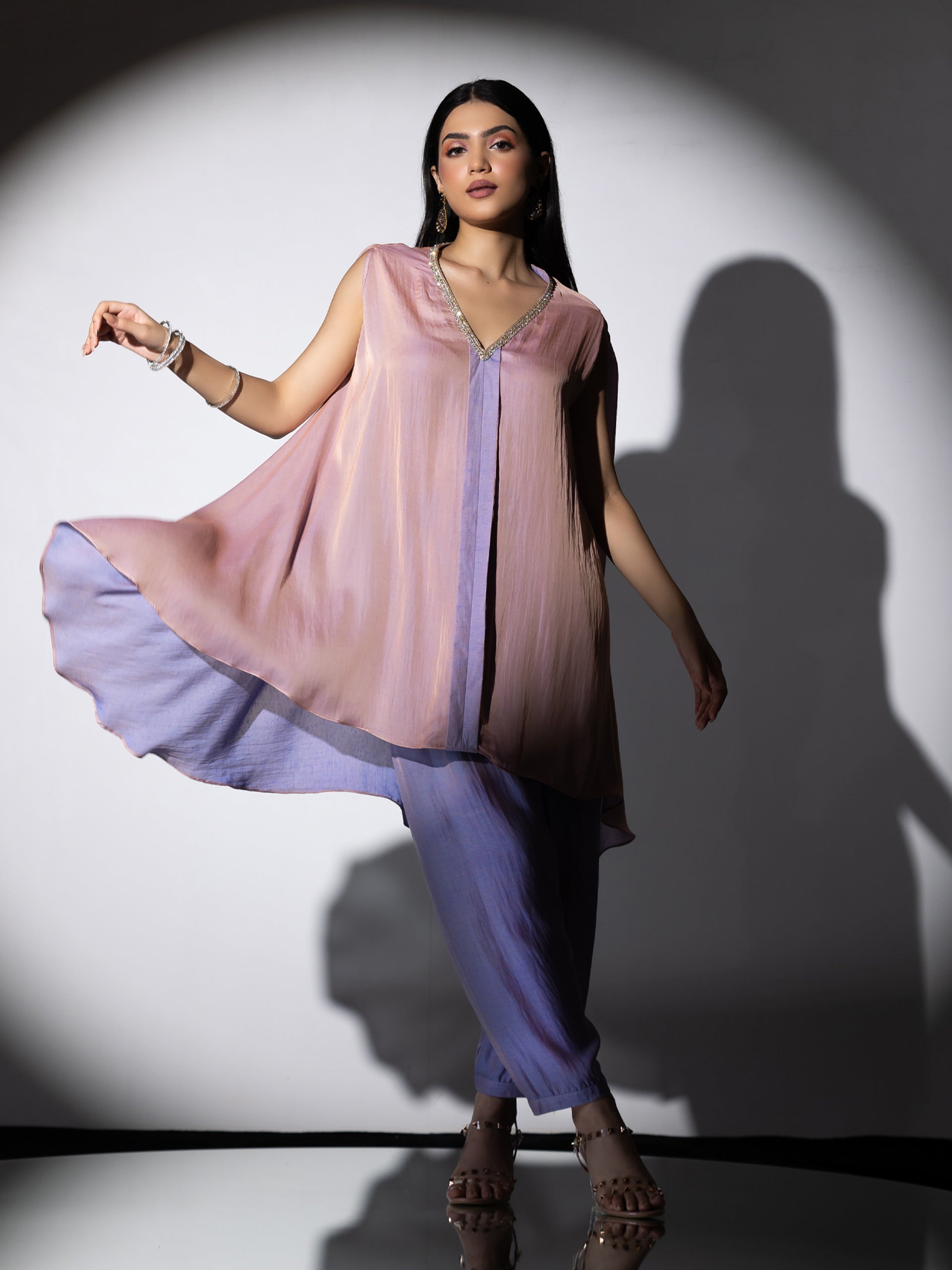 Women's Peach & Lavender Slub Satin Flared Top Set with Poncha Pants 2 Piece Set | A-Line, Round Neck, Sleeveless, Pants, Festive Wear, (Slub Satin)