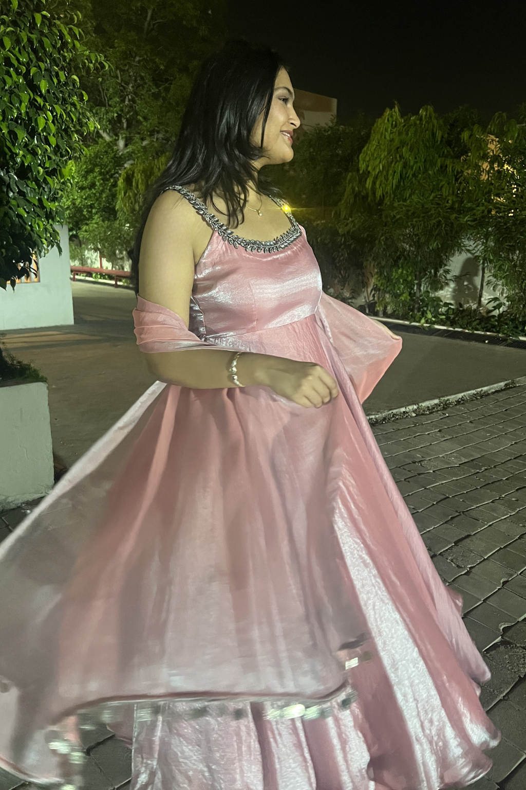 3 pc Suit - Pink Blue Metallic Sleeveless Anarkali with Glass Trim