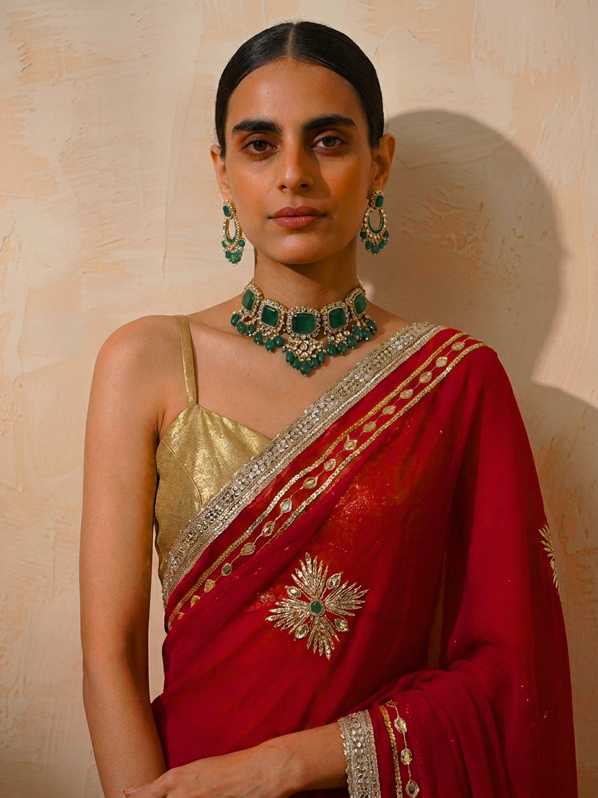 Red Chiffon Saree with Handwork Gota Patti Patches with Self Fabric Blouse
