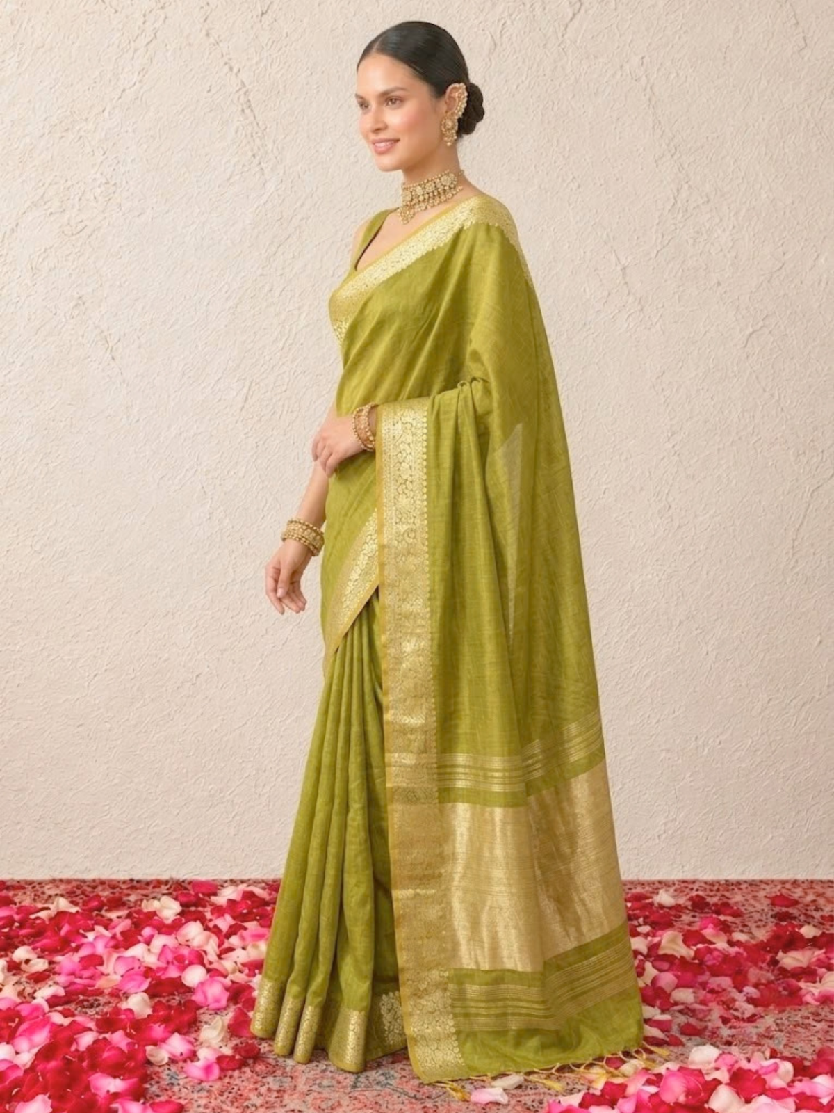 Green and Yellow Dual Shade Chanderi Cotton Silk Saree with Matching Blouse Fabric