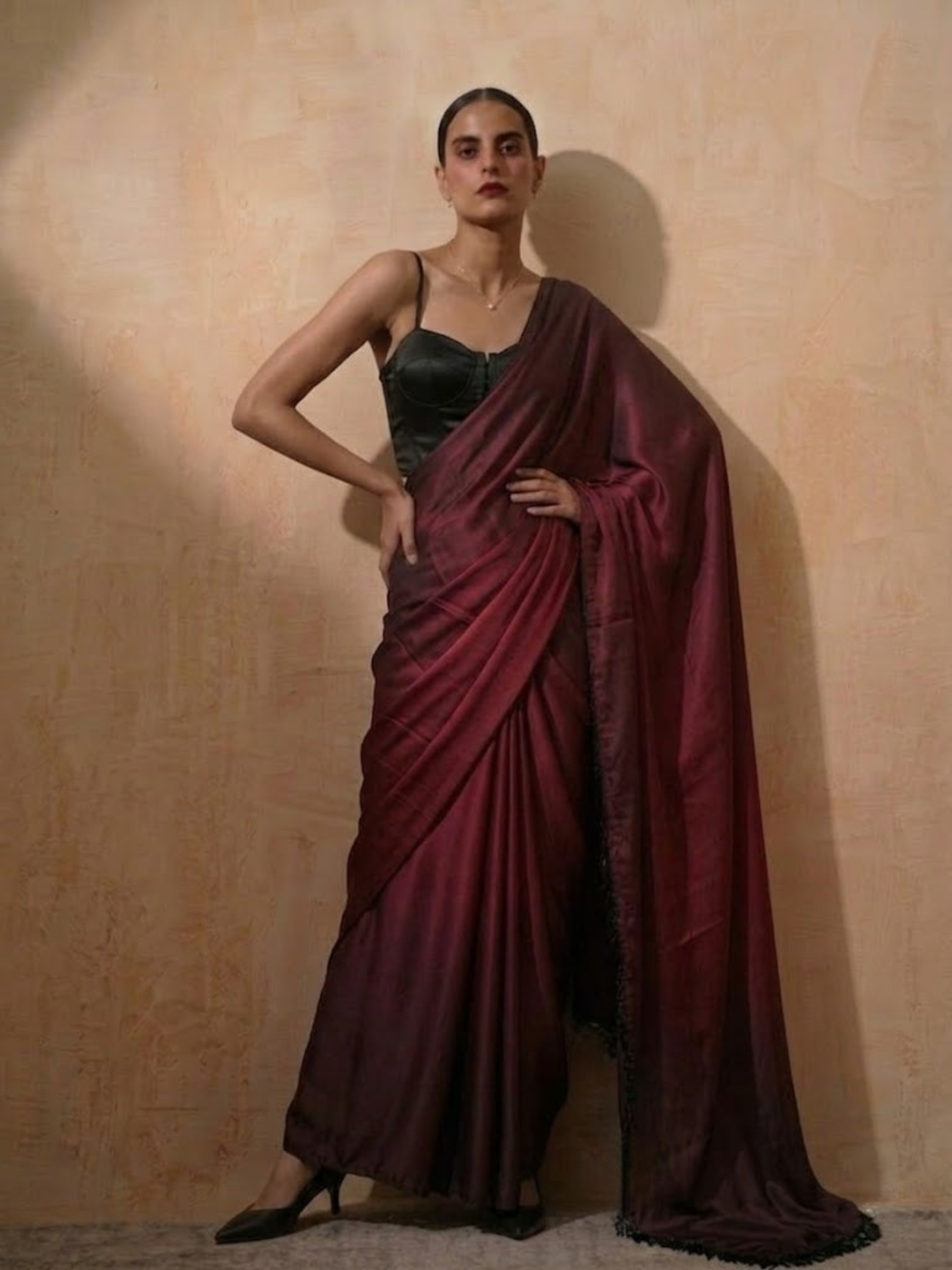 Rosewood Dual Shade Satin Saree with Hanging Lace and Self Blouse Fabric