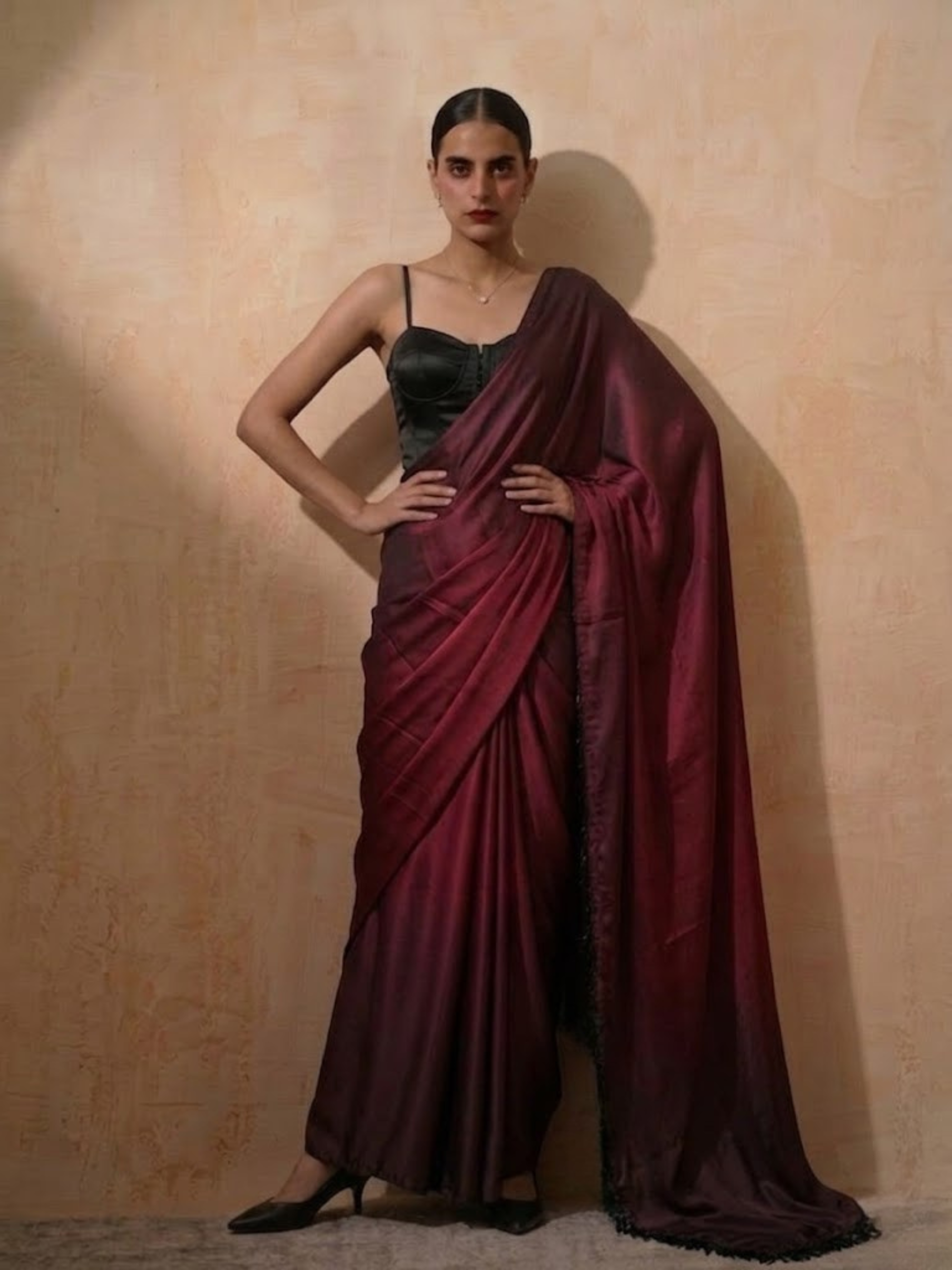 Rosewood Dual Shade Satin Saree with Hanging Lace and Self Blouse Fabric