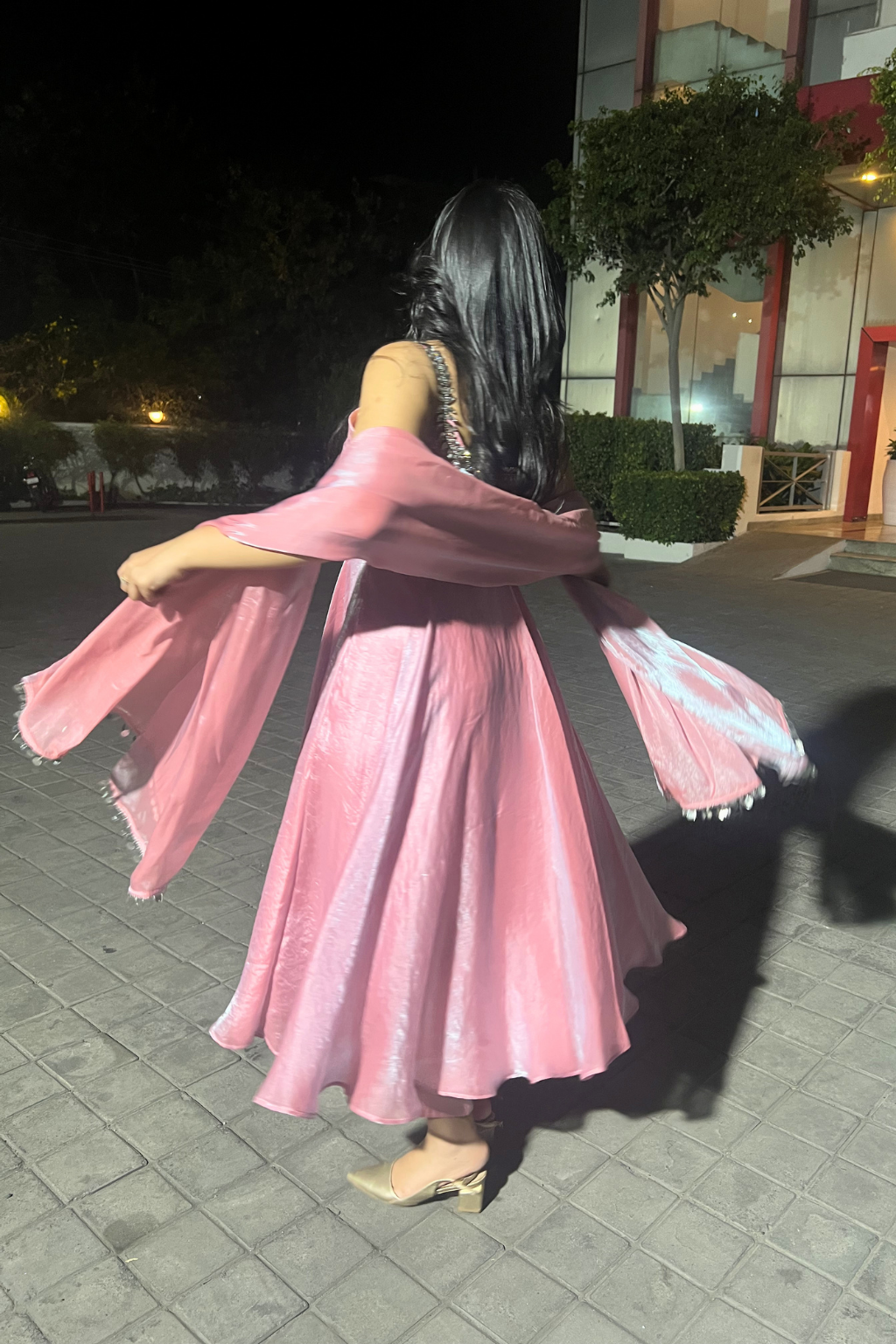3 pc Suit - Pink Blue Metallic Sleeveless Anarkali with Glass Trim