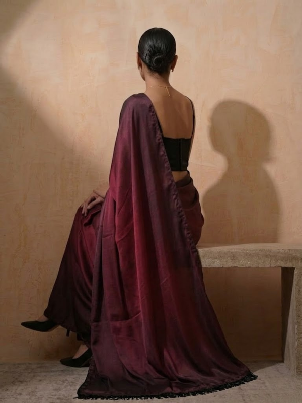 Rosewood Dual Shade Satin Saree with Hanging Lace and Self Blouse Fabric